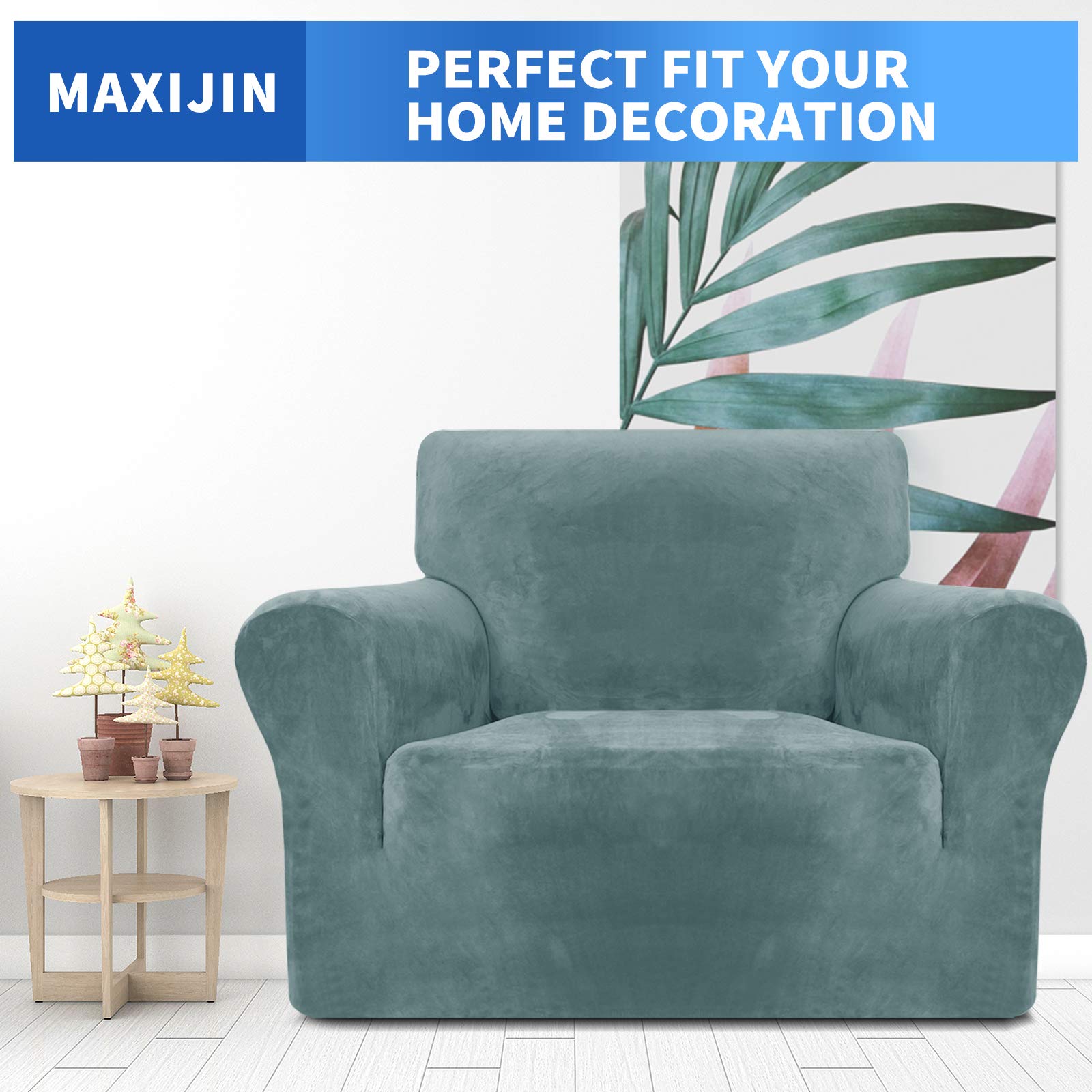MAXIJIN Dicke Samt Stuhlhussen für Sessel Stretch rutschfeste Sofabezug 1-Sitzer Hunde Katze Haustier Wohnzimmer 1-teiliger Sofa Protector Stuhl Schonbezug (1 Sitzer, Staubiges Blau)