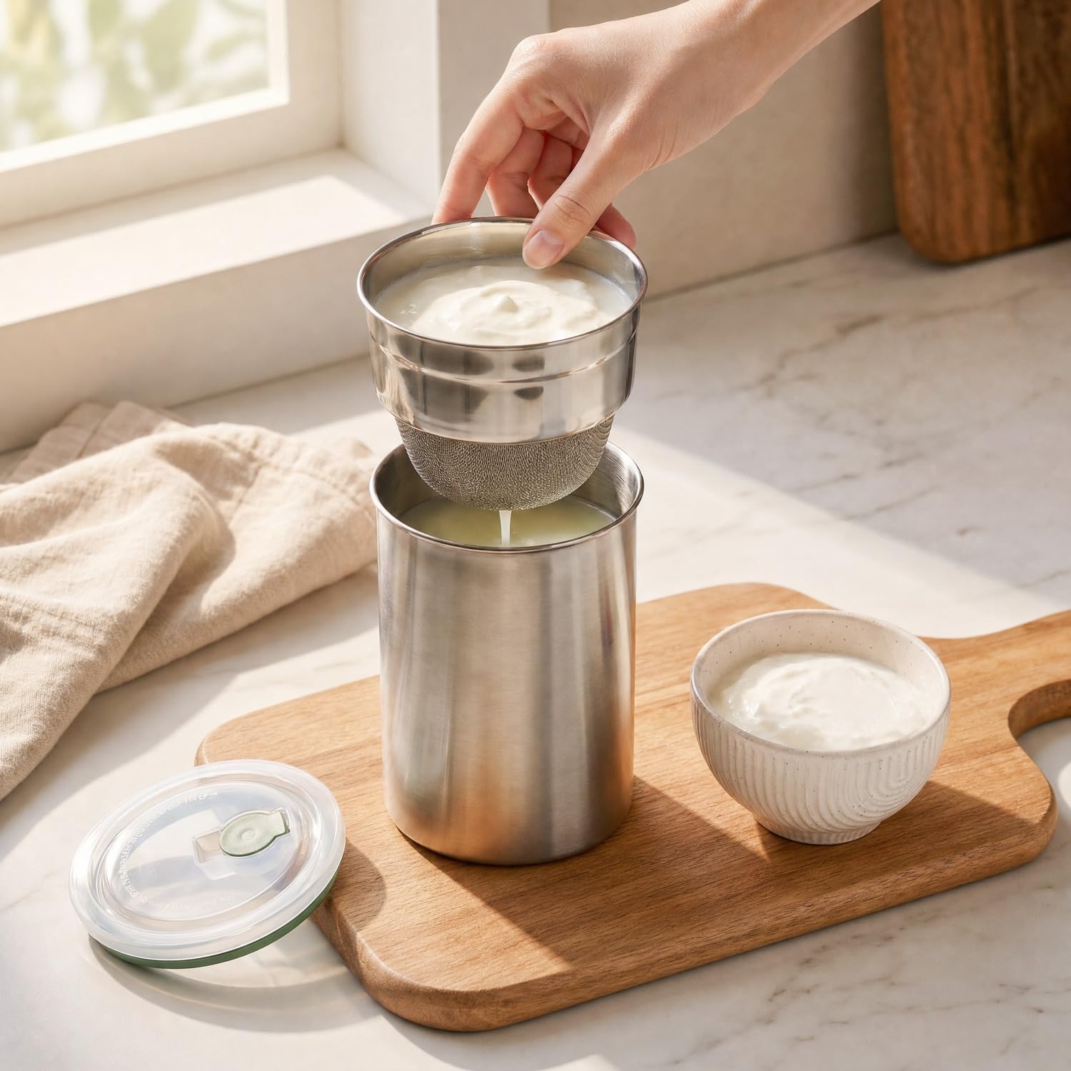Nestasia Hung Curd Maker Stainless Steel (1000 ml) - 100% Food-Safe Homemade Greek Yogurt Maker | BPA-Free Food Strainer with Airtight Steam-Vent Lid Storage Container