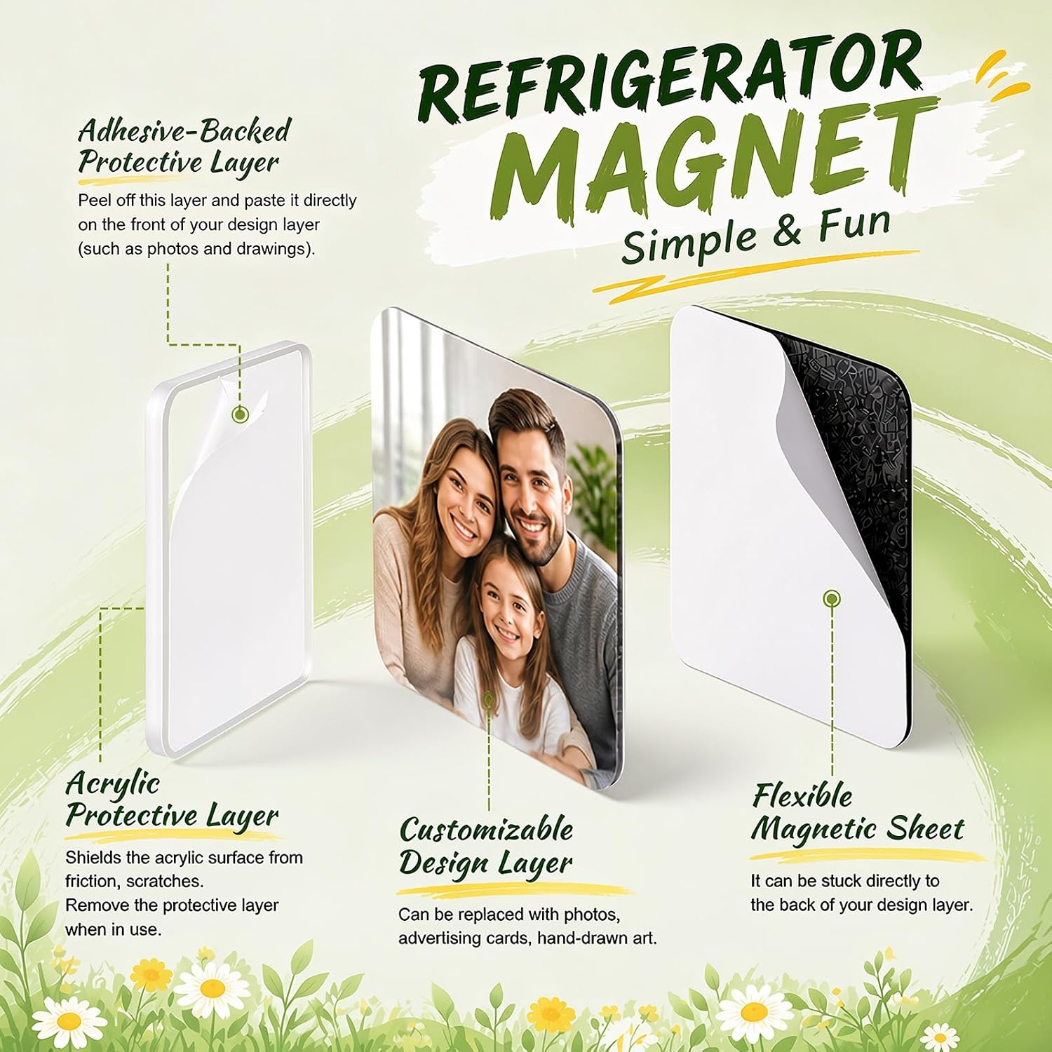 20 Pcs DIY Fridge Magnets Kit, 2"x2" Clear Acrylic Refrigerator Magnets Set with Adhesive Backing, Square Magnetic Photo Frames for Crafts, Kitchen, Classroom, Party, Office Decor