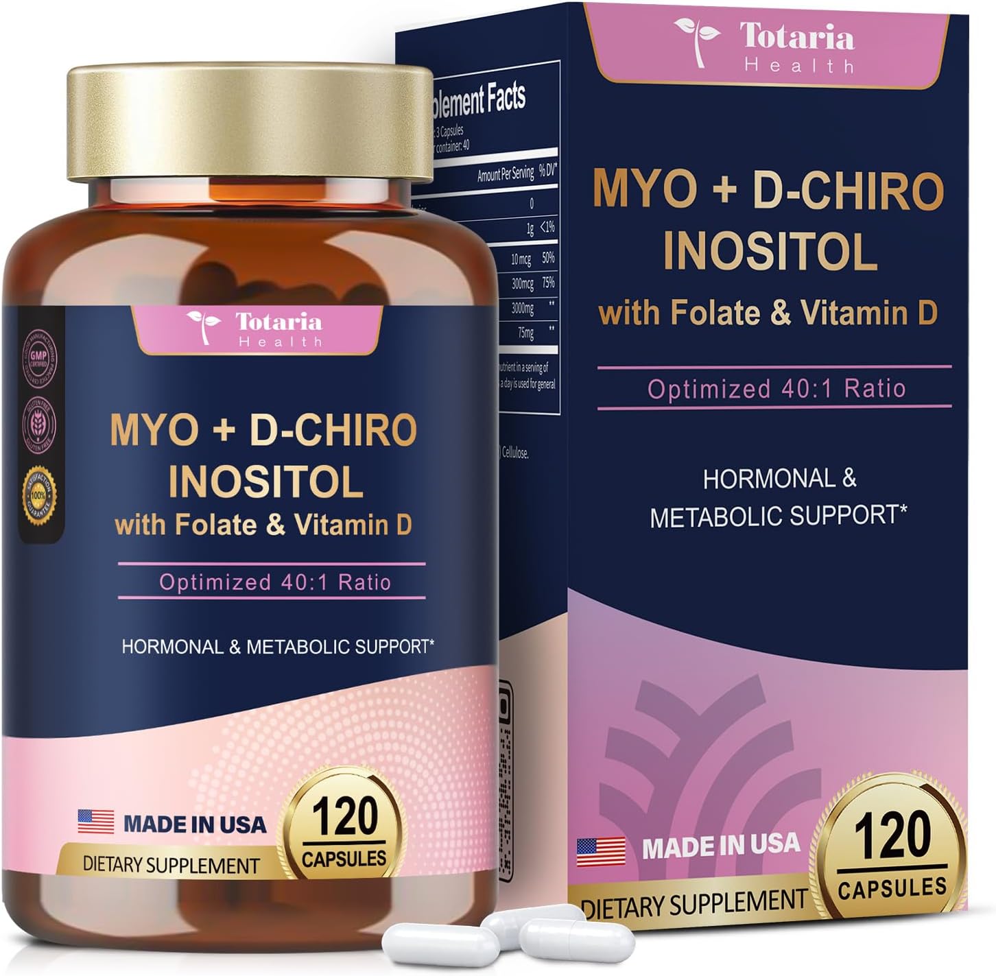 Inositol Supplement - 3075mg Myo-Inositol & D-Chiro Inositol Capules Plus Vitamin D3, Folate, Ideal 40:1 Ratio - Hormonal Balance for Women & Ovarian* Support | Vegan, Non GMO - 120 Caps