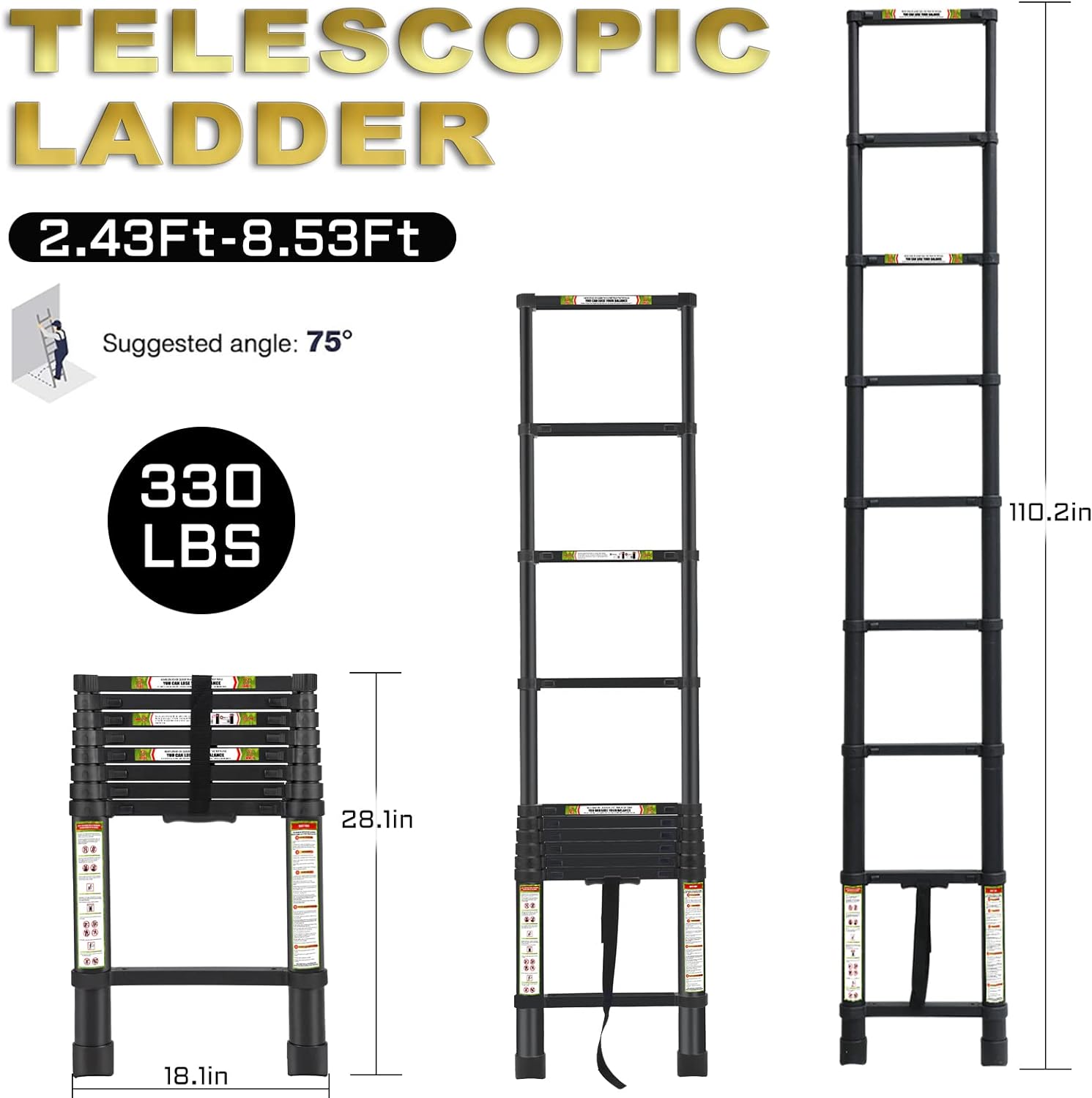 Telescopic Ladder, 8.5FT RIKADE Aluminum Telescoping Ladder with Non-Slip Feet, Portable Extension Ladder for Household and Outdoor Working,330lb Capacity - - 