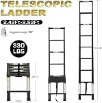 RIKADE Échelle télescopique, 8.5FT Échelle télescopique en aluminium avec pieds antidérapants, échelle portative pour le travail ménager et extérieur,330lb Capacité noire