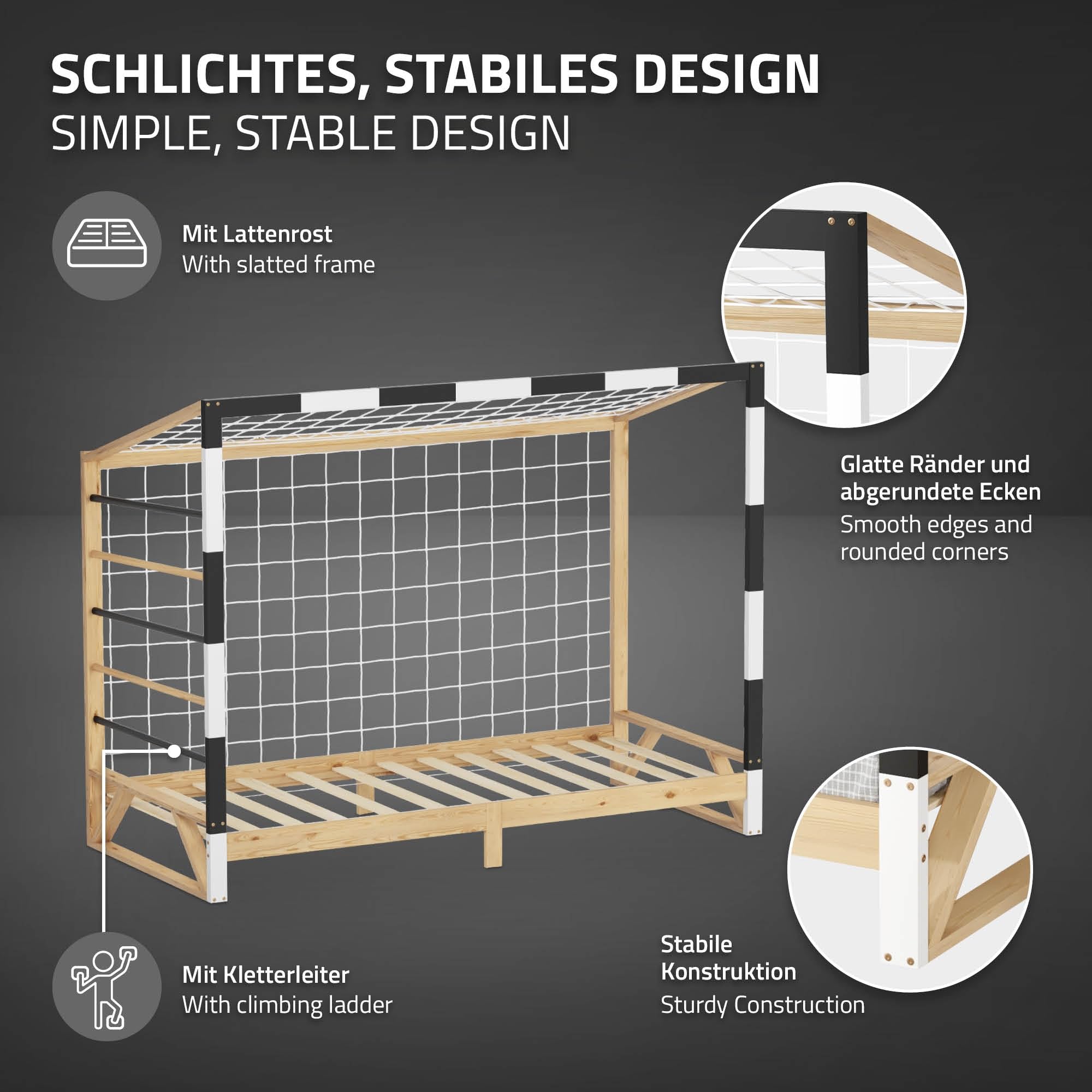 ML-Design Letto Bambini 90x200 cm in Pino Naturale, Struttura a Forma di Porta da Calcio Pallamano Bianco Nero, Rete a Doghe e Scala, Letto Singolo Sportivo, Lettino Basso per Cameretta
