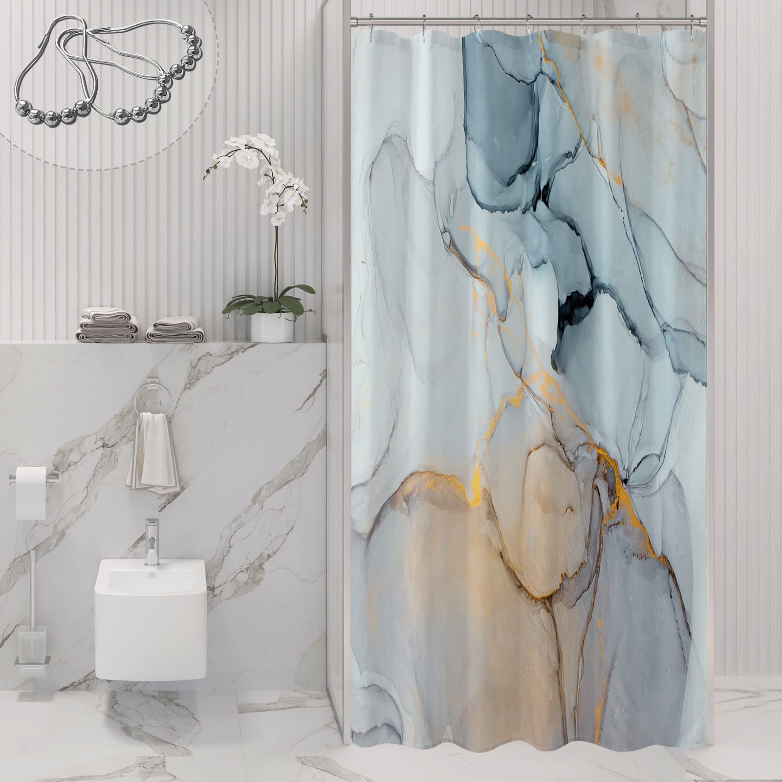 Gibelle Small Stall Shower Curtain 36 x 72, Narrow Half Abstract Grey Blue Marble Shower Curtain, Modern Ink Art Waterproof Fabric Shower Curtain Set with Hooks