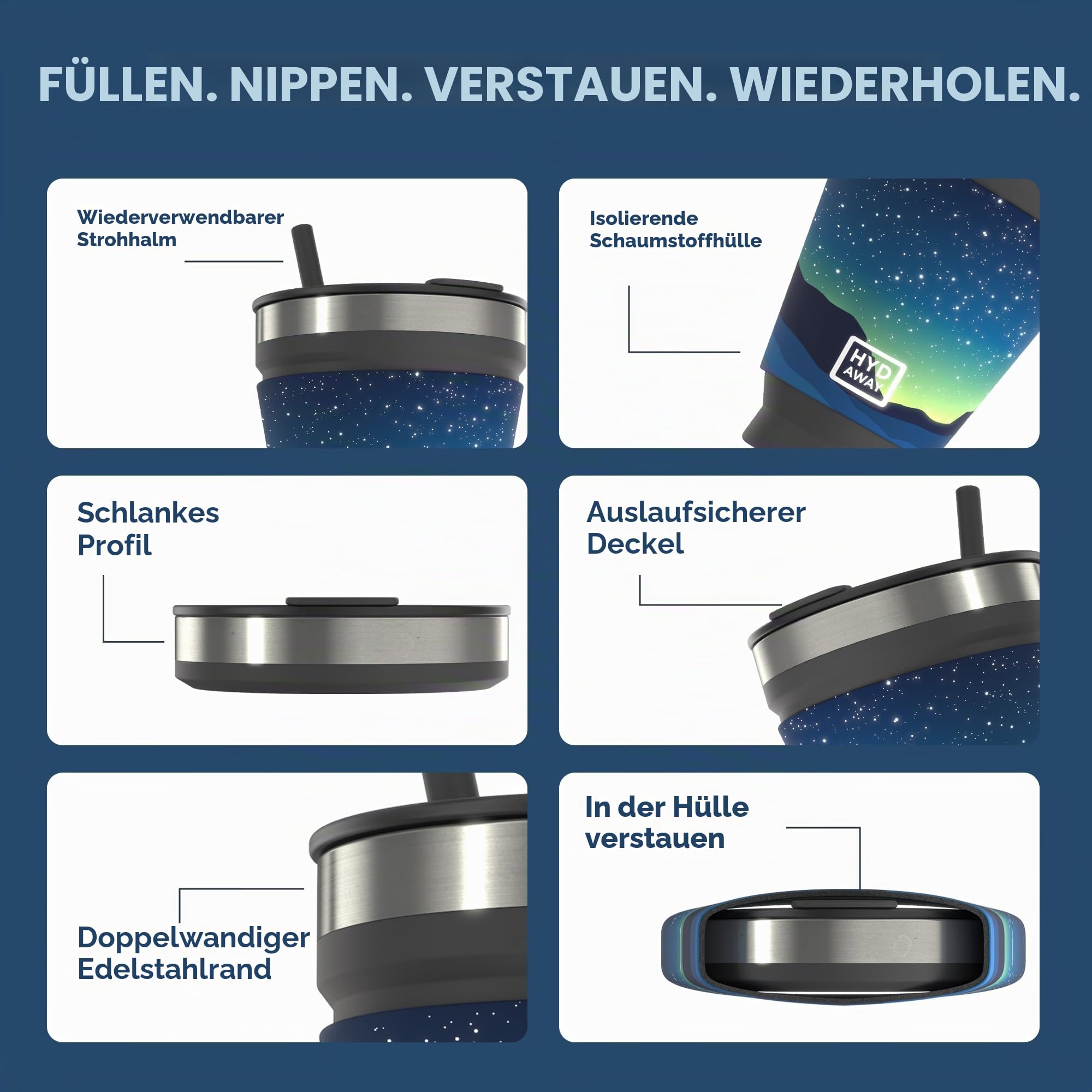 HYDAWAY Faltbarer Getränkebecher | Tragbare, Isolierte, Heiße und Kalte Getränketasse für Kaffee, Tee, Smoothies, Bier, Cocktails, Reisen, Pendeln, Camping, Veranstaltungen | 473ml Kapazität