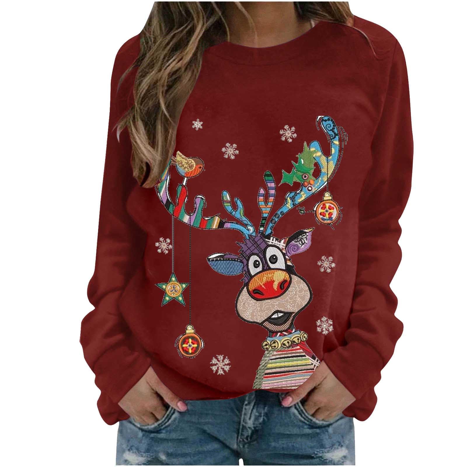 Weihnachtspullover Damen Lustig Weihnachtspulli Ugly Christmas Sweatshirt | Rentier Print Weihnachtsoutfit Langarmshirt Weihnachts Pullover Frauen Kleidung Weihnachten Oberteil Weihnachtskostüm