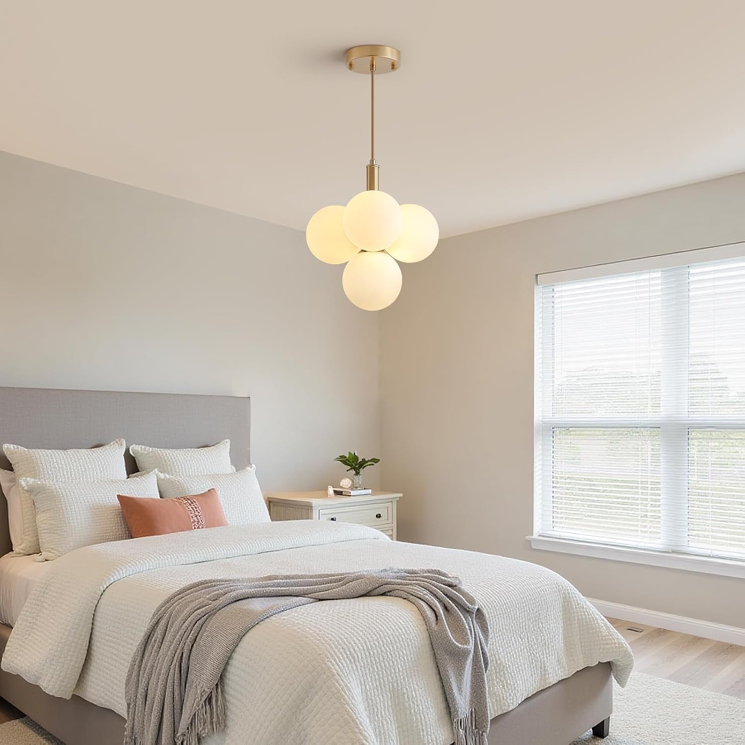 Glass Globe Chandeliers, 4-Light Gold Dining Room Light Fixture, 11in Milk Glass Pendant Lights Kitchen Island Modern Chandeliers for Dining Room Kitchen Living Room Bedroom Hallway Entryway Foyer