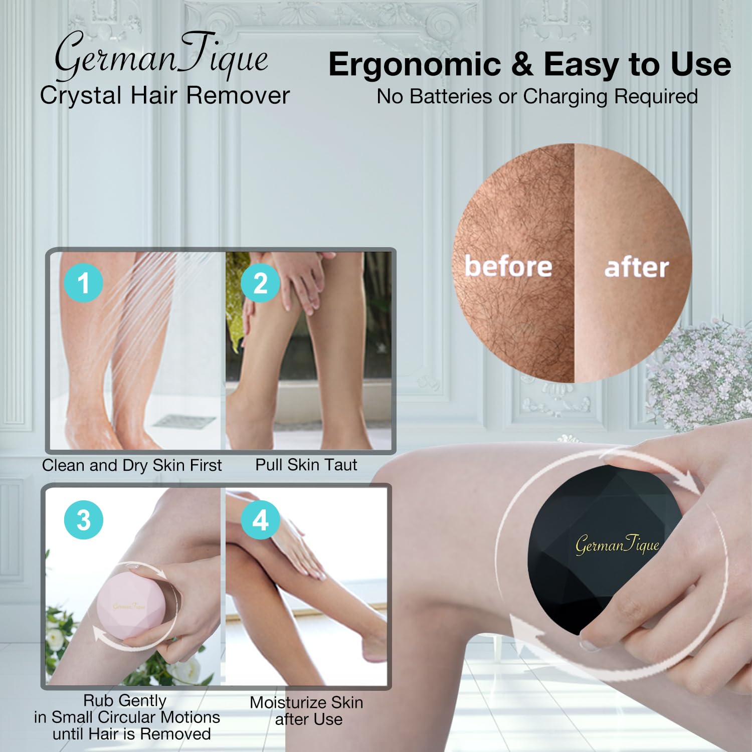 GERMANTIQUE Crystal Hair Eraser,Upgraded Crystal Hair Remover Diamond,Painless and Effective Nano Glass Hair Removal Stone and Skin Exfoliation,Natural Epilator for Women and Men(Black) - Image 4