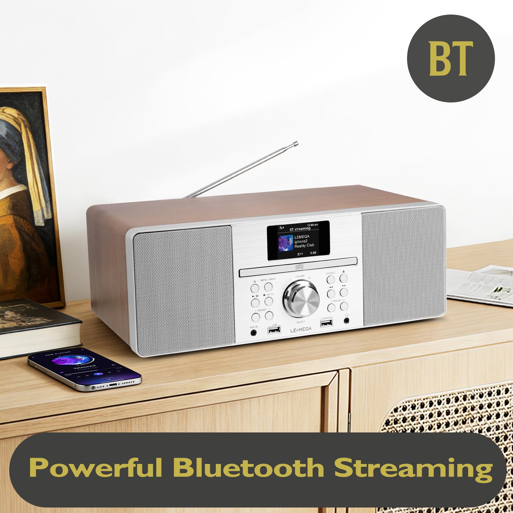 LEMEGA MSY1P Sistema musicale All-In-One,lettore CD,DAB/DAB+ e radio digitale FM,Bluetooth,suono stereo 20W,USB MP3,caricatore USB,uscita cuffie,Aux-in,orologio allarmi,display a colori. Noce