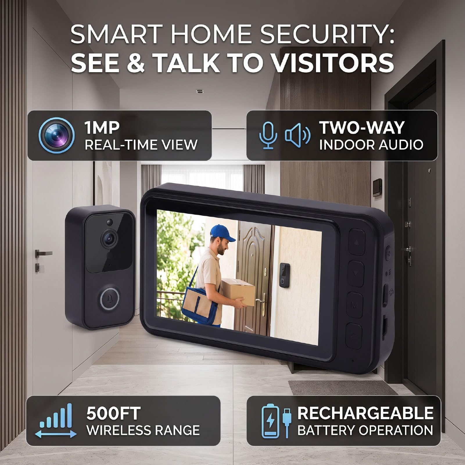 Videocitofono Wireless, Campanello Video HD, 1MP, Display Ad Alta