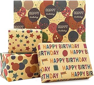 2x4 Pcs Multicolor Happy Birthday Wrapping Paper for Boys Men Women Girls Kids, Balloons Stars Circles Fireworks Recycled Gift Wrapping Paper Set, Brown Kraft Folded Paper for Birthday All Occasions