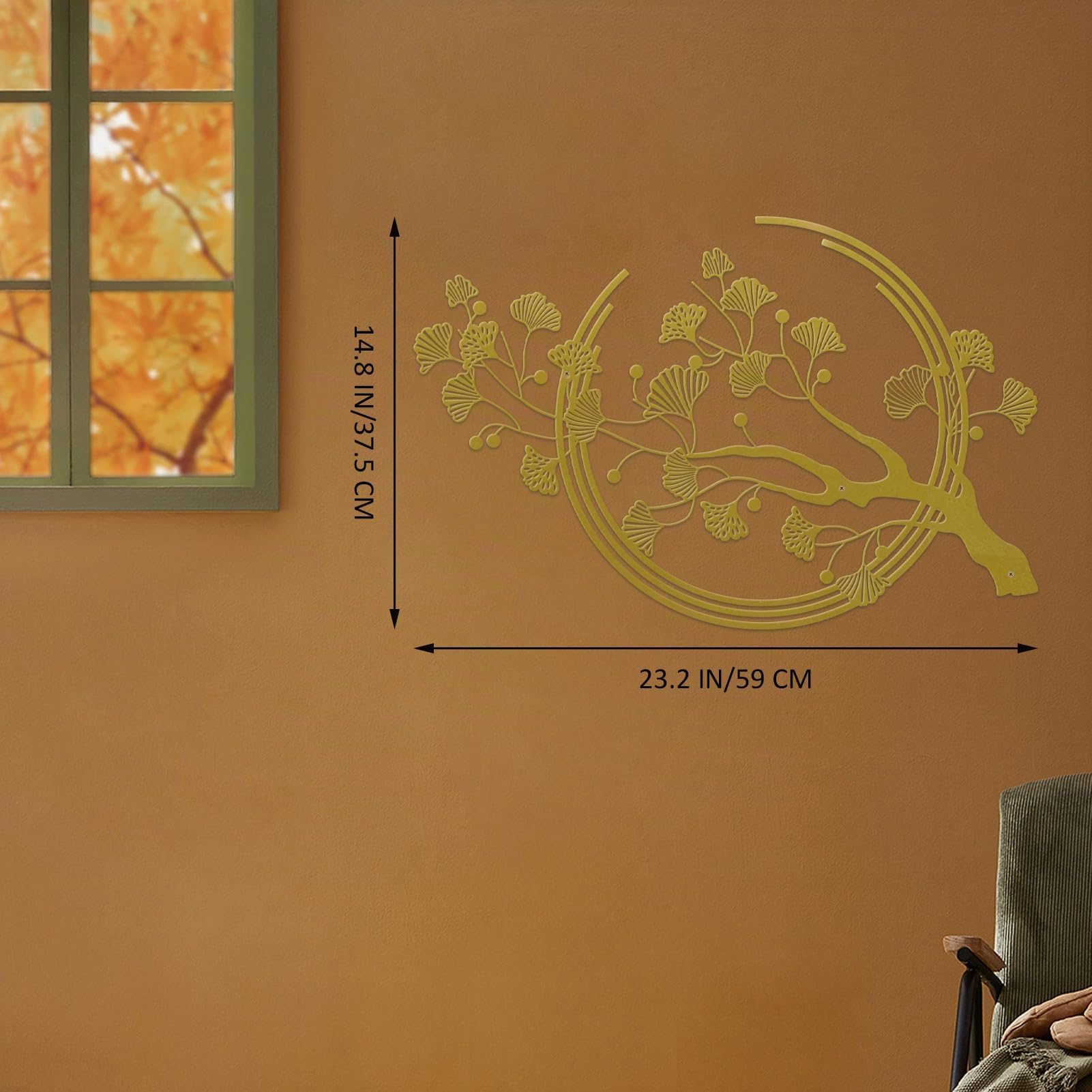 Décoration murale en métal avec grandes feuilles de ginkgo - Convient pour le salon, la chambre, le bureau, le bureau (doré)