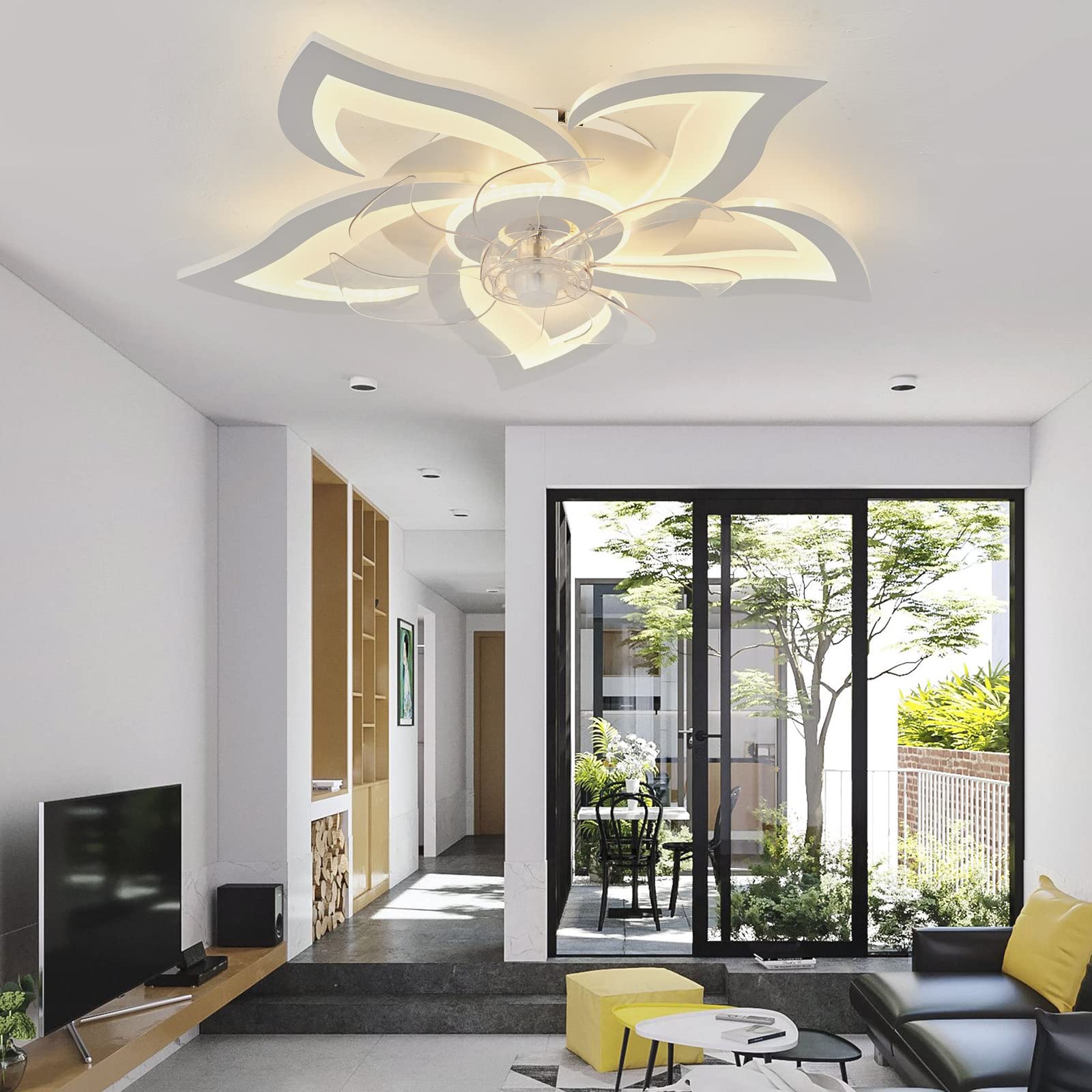 Kwiat Wentylator Sufitowy Ze Światłem I Zdalnym Sterowaniem Salon Regulowany Plafon Led Wentylator DC Silnik Odwracalny 6 Prędkości Lampa Sufitowa Projekt-Biały
