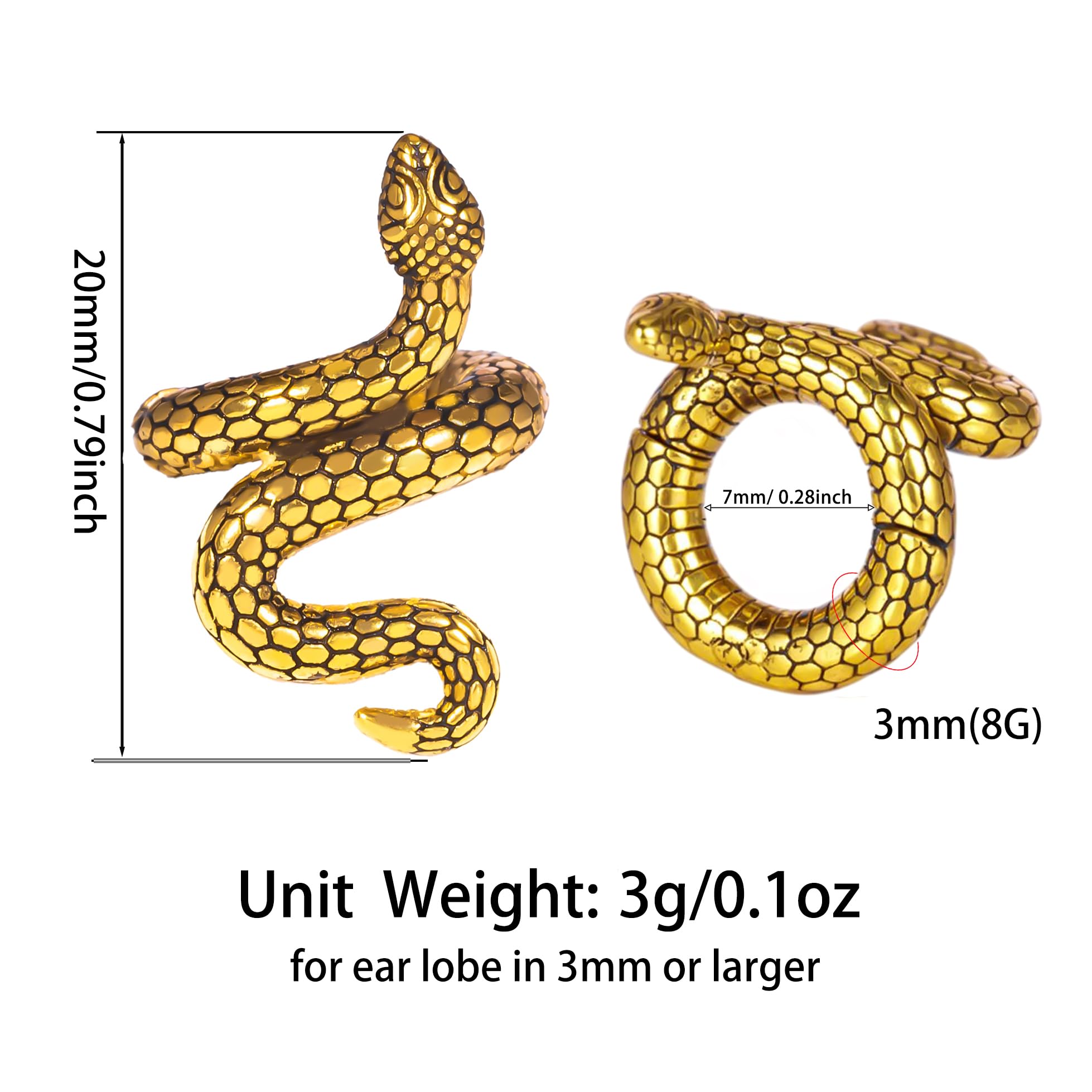 Vankula Orecchio Pesi Orecchino Flesh tunnel Ear Weights Hangers Serpente Acciaio Inossidabile per Uomo Donna Orecchino Piercing Allungato Gioielli 3 mm