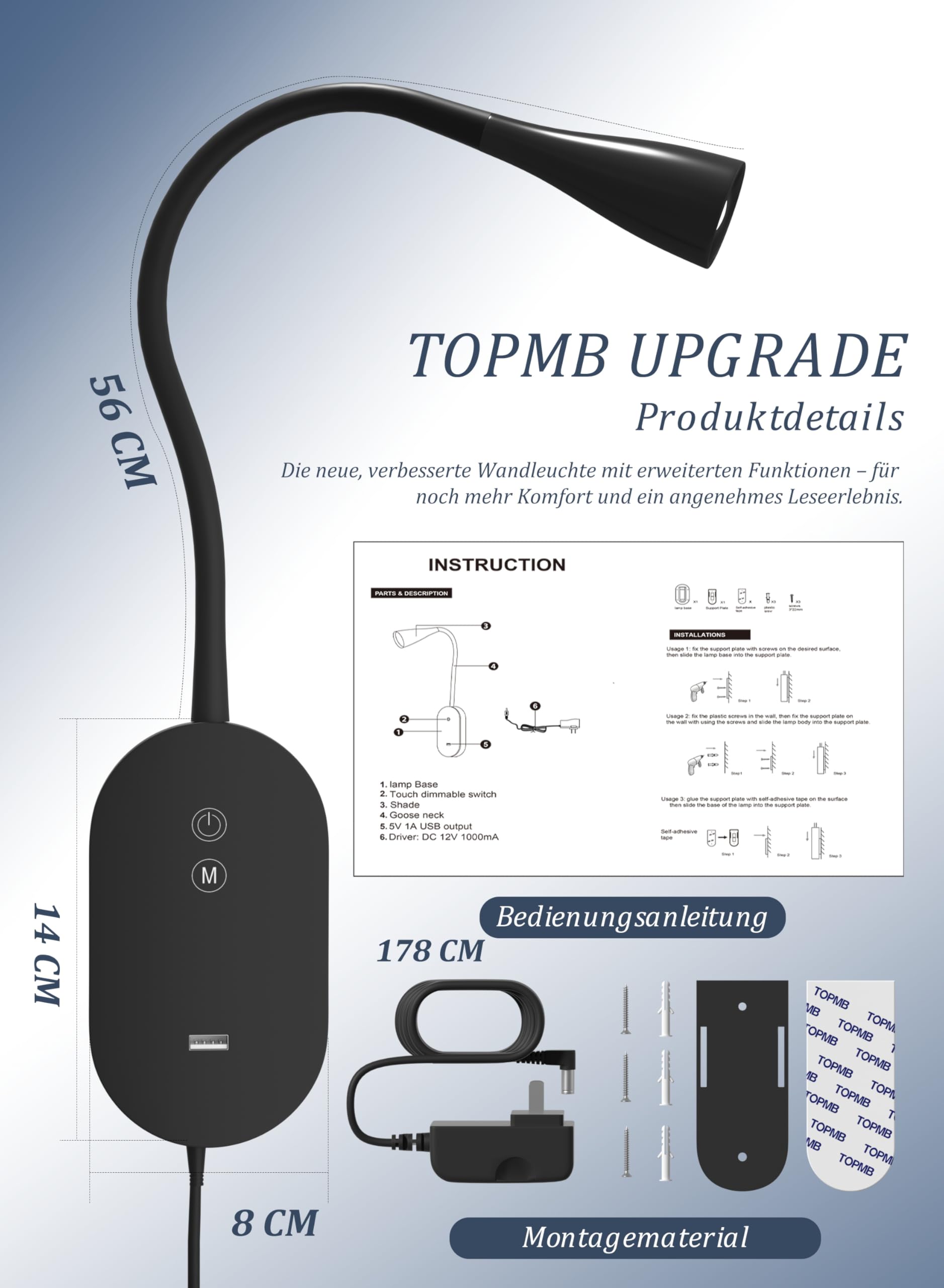Wandleuchte Leselampe Bett – 4 Farbmodi, 5-stufig dimmbare Leselampe, CRI 95+ natürliches Sonnenlicht, 2A USB-Schnellladeausgang & Speicherfunktion – Schwarz