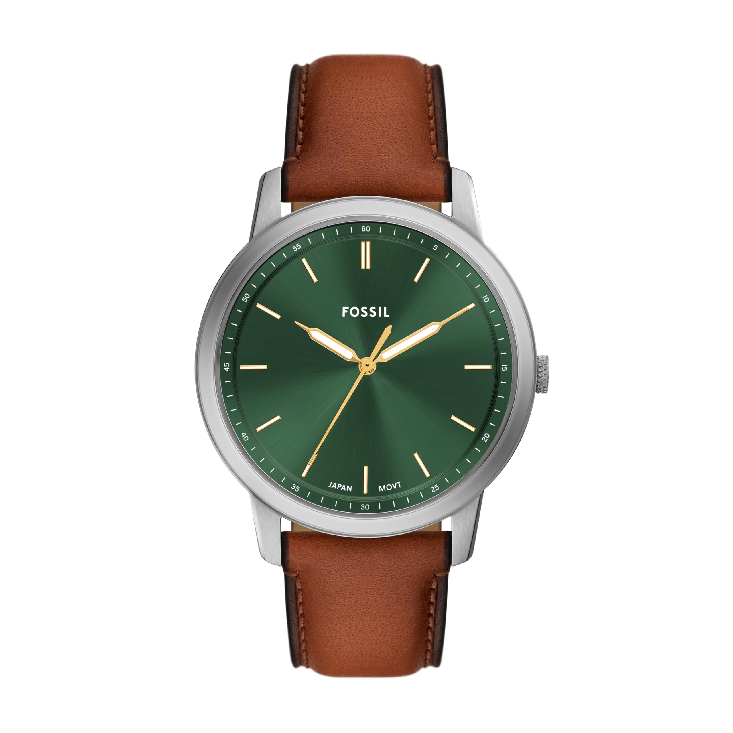 Fossil Men's Minimalist Quartz Stainless Steel and Leather Three-Hand Watch Brown Leather/Silver/Green