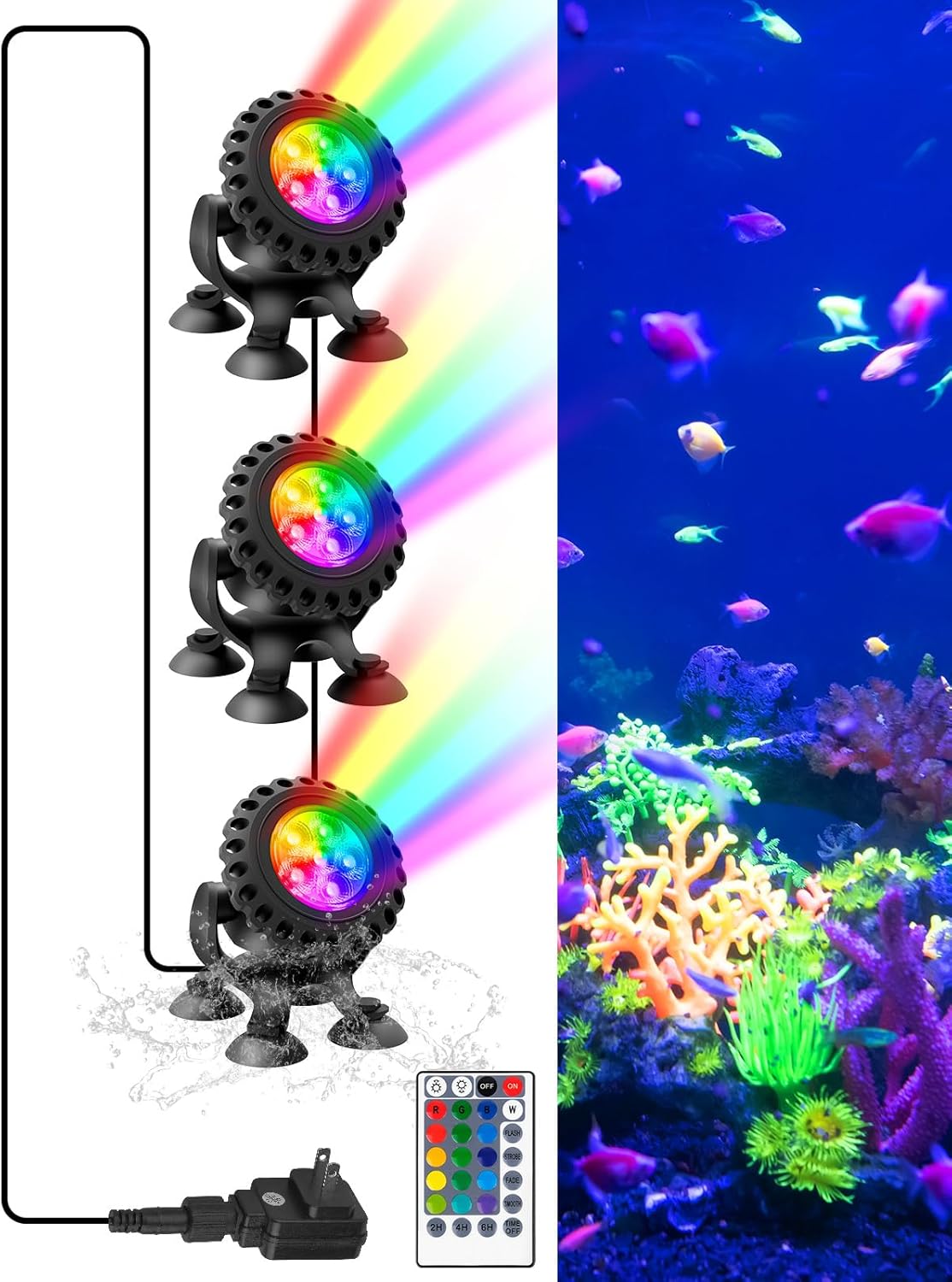 T-SUN Pond Lights, LED Underwater Pond Lights with Timer & Remote Control, IP68 Waterproof Submersible Fountain Lights, Dimmable, 16 Colors, Outdoor Spotlight for Fish Pond Garden Yard Aquarium Pool