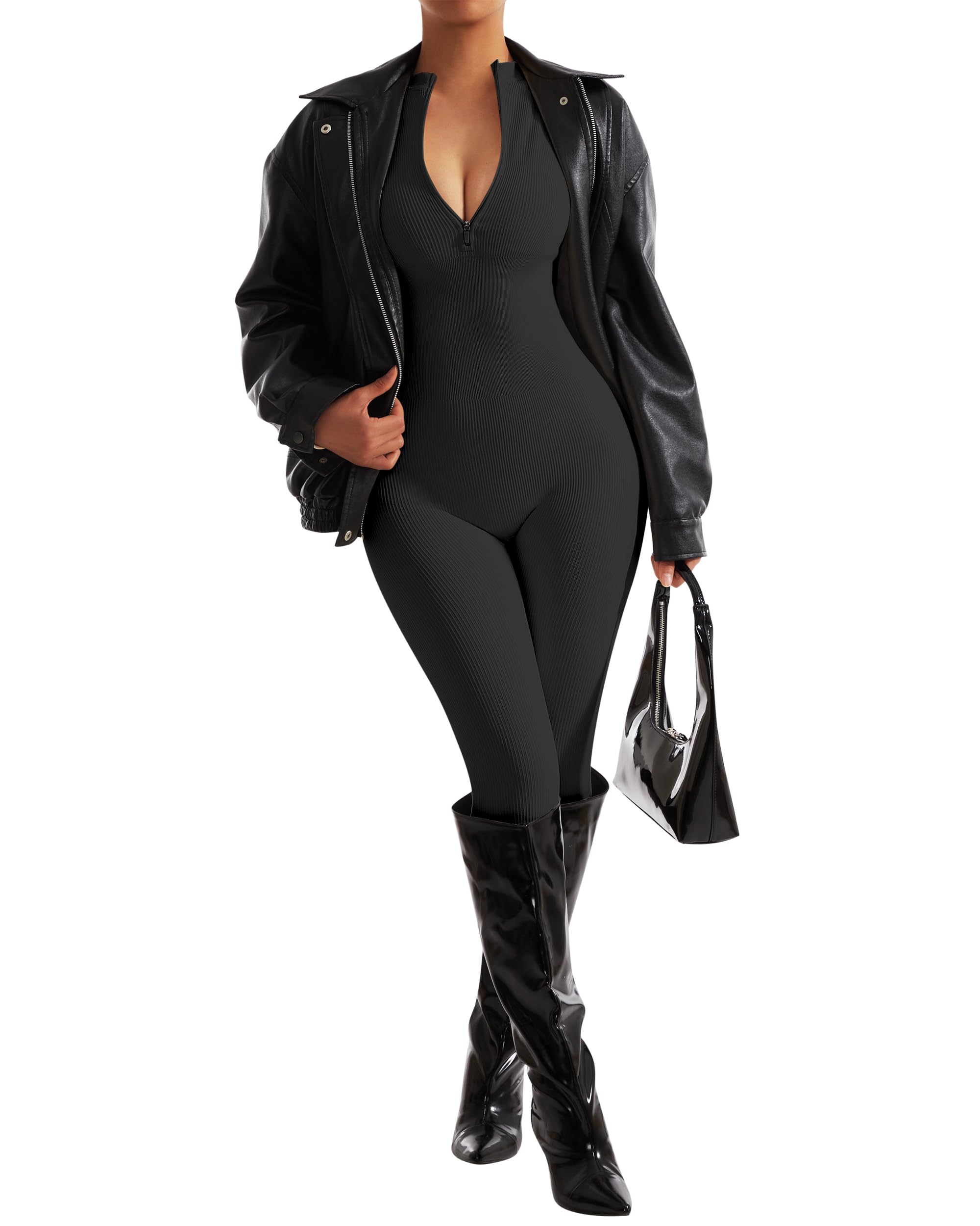 SUUKSESS Women Long Sleeve Ribbed Jumpsuit Zip up Front Workout Bodycon Romper