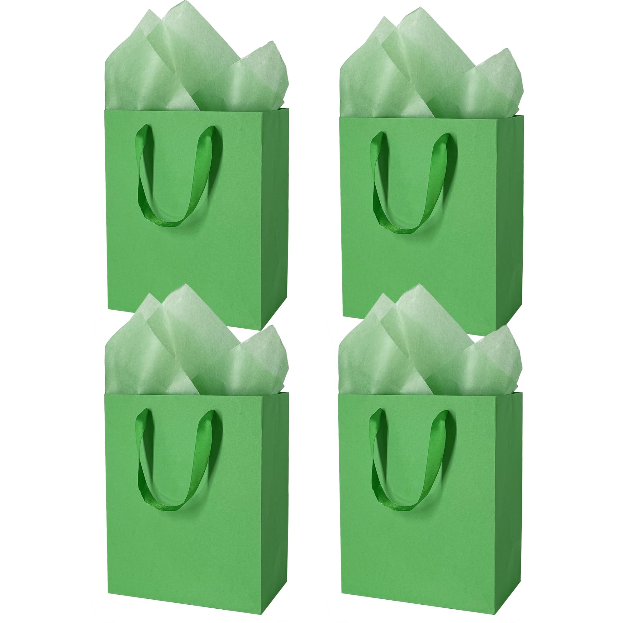 MOXARYSU 4 Pcs Medium Green Gift Bags: 8x5x10 Inches Gift bags With Handles Party Favor Bags With 8 Tissue Paper For Party,Birthday,Baby Shower,Wedding（Green）