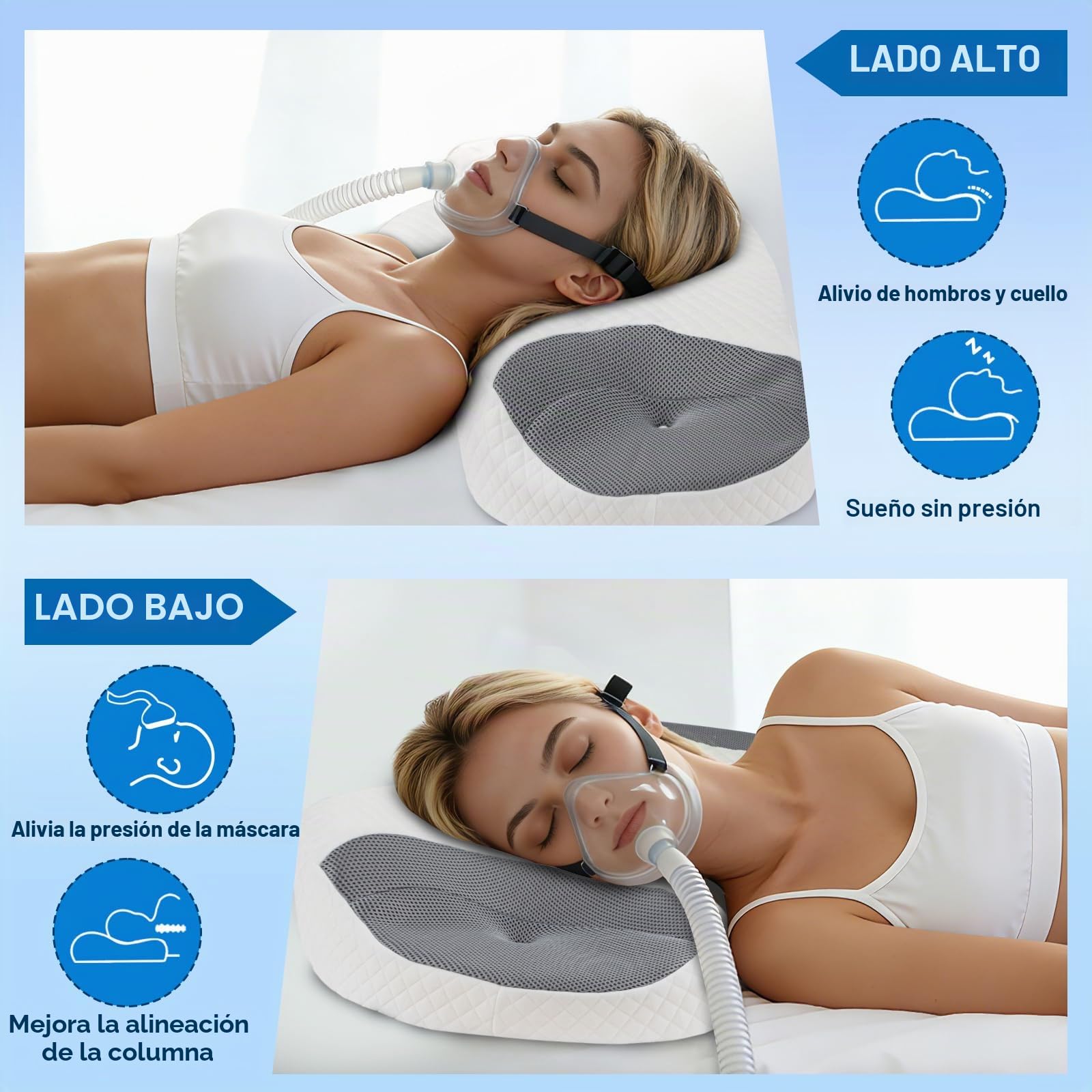 Almohada CPAP para Dormidores de Lado, Gris, 70x40x10/12.5cm | Reduce Fugas de Aire y Presión de la Máscara, Almohada de Memory Foam Premium para Máscaras CPAP, para Todas Posiciones