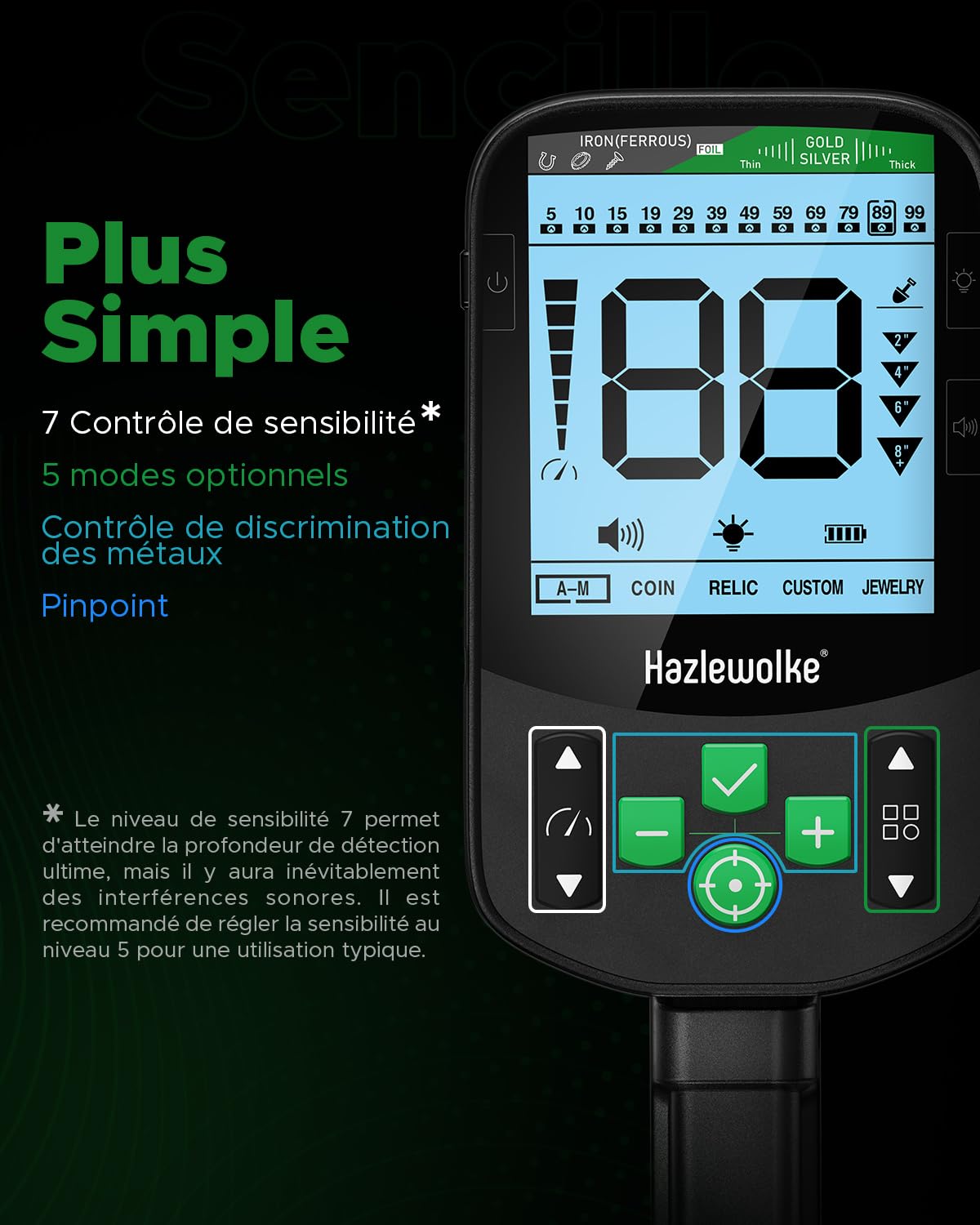 Hazlewolke Detecteur de Metaux Adultes, 11'' Bobine Double-D Étanche, 6 Modes avec Pinpoint, Profondeur de 12", Rechargeable Professionnel pour Or, 7 Niveaux Sensibilité et 3 Tons