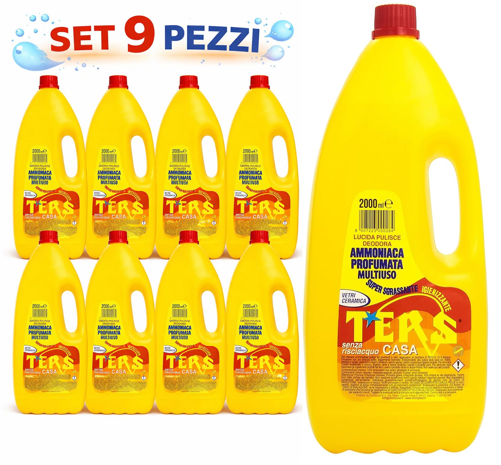 Mille Idee – 9 Pezzi Ammoniaca Profumata Multiuso Ters Casa 2000 ml [Totale 16 Litri] + 1 Straccio | Super Sgrassante, Igienizzante, Senza Risciacquo, Per Vetri e Ceramica