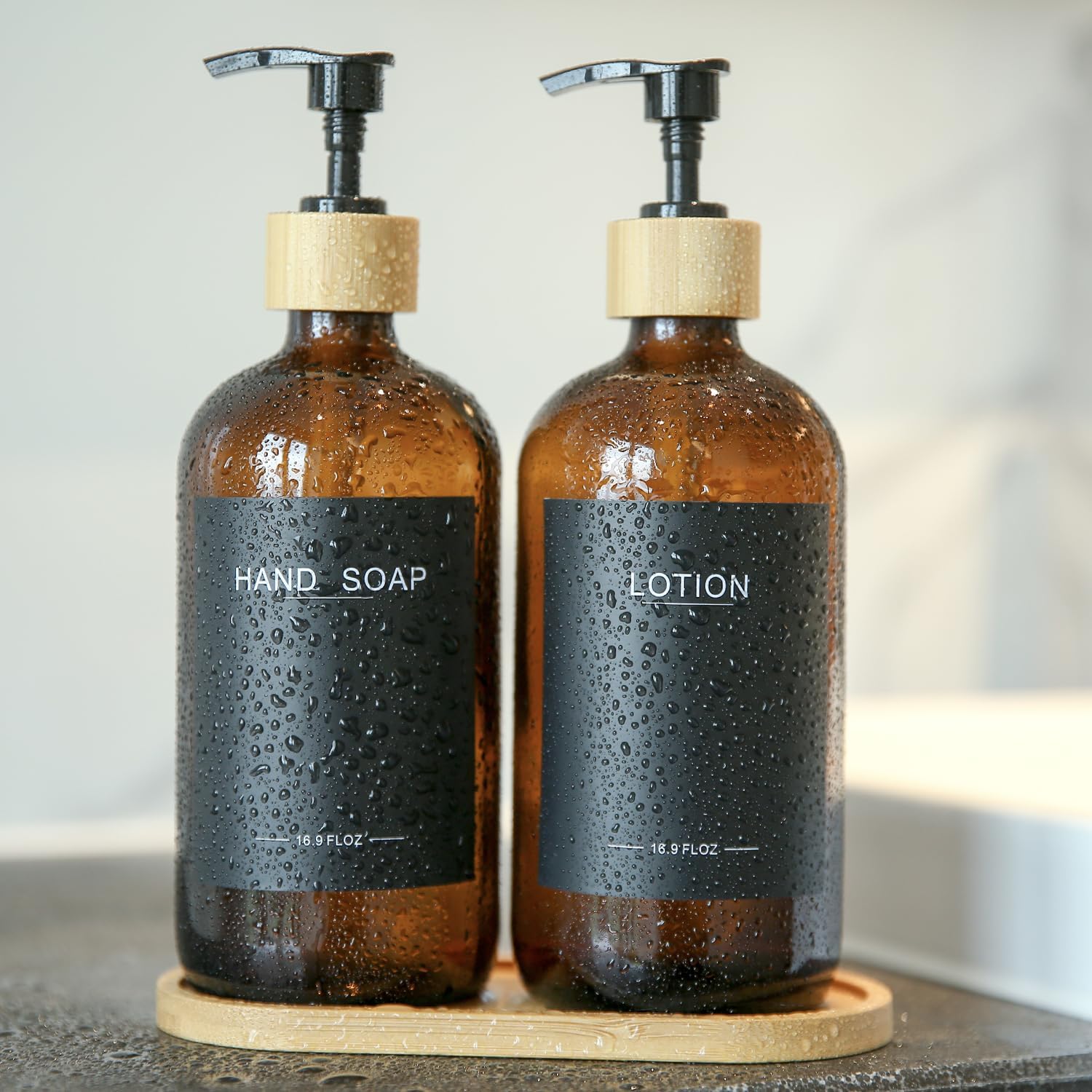 Amber Glass Soap Dispenser with Bamboo Pumps&Tray&Labels, Hand Dispenser, Lotion Dispenser, Dish Soap Dispenser for Kitchen Sink. (Amber) - Image 4