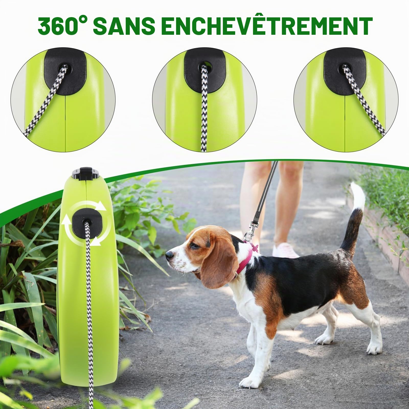 Laisse rétractable pour chien de 9,1 m, laisse sans enchevêtrement à 360° pour chiens de petite, moyenne et grande taille pesant jusqu'à 35 kg, frein à une main, pause à un bouton, verrouillage (vert)