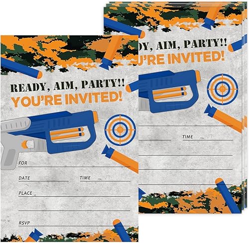 DEOTEDI Invitaciones de fiesta de pistola para niños, idea de fiesta de cumpleaños con temática de pistola para niños, tarjetas de invitaciones