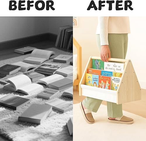 Miniatura 8 de 19" Toddler Bookshelf, 6-Tier Double-Sided Kids Bookshelf, Montessori Bookcase for Toddlers with Deep Fabric Pockets, Natural Wooden Toy Storage