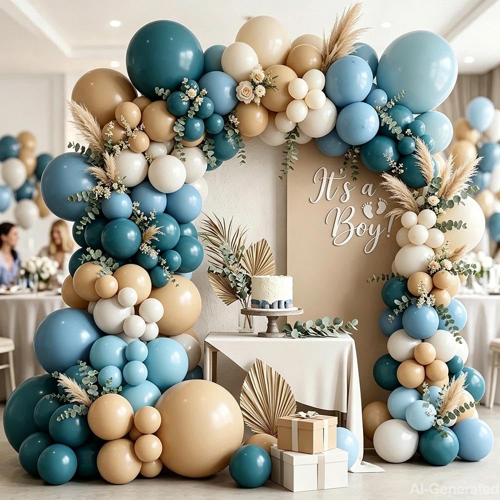 Dusty Blue Tan Balloon Garland Double Stuffed Pastel Blue Brown Balloons | Nude White Sand Latex Balloons Arch Kit for Neutral Birthday Baby Shower Gender Reveal Bridal Wedding Bear Party Decorations