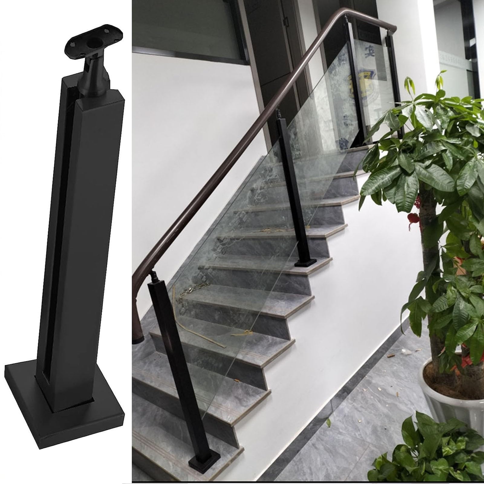 Poste de acero inoxidable para barandilla de vidrio negro de 85 cm y fijación de escaleras 1
