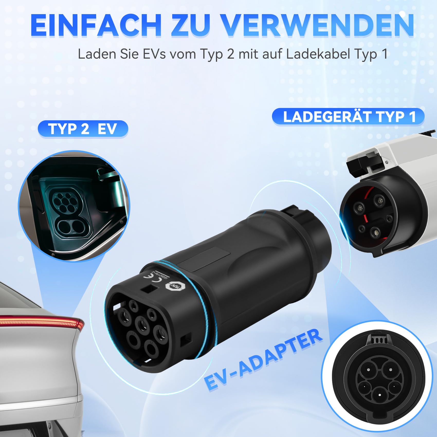 JULIK Adaptador Tipo 1 a Tipo 2 (SAE J1772 a IEC 62196) - 32A 7.2kW, IP54 Impermeable, Convertidor para Cargar Coche Tipo 2 EV/PHEV en Estaciones Tipo 1