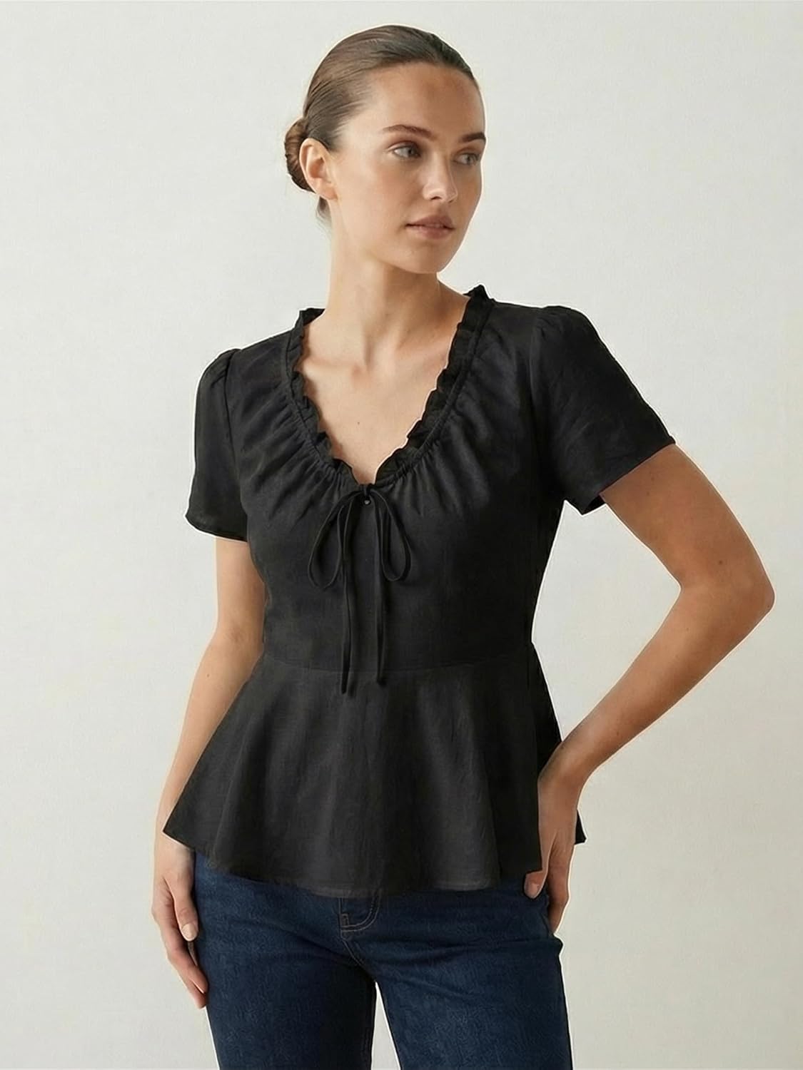 Short Sleeve Puff Sleeve Peplum Top – Ruched Front, White - Image 5