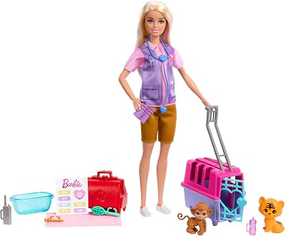Barbie Tú puedes ser Muñeca rubia profesiones Rescatadora y cuidadora de animales Set de juego con animales bebé y accesorios, juguete +3 años (HRG50)