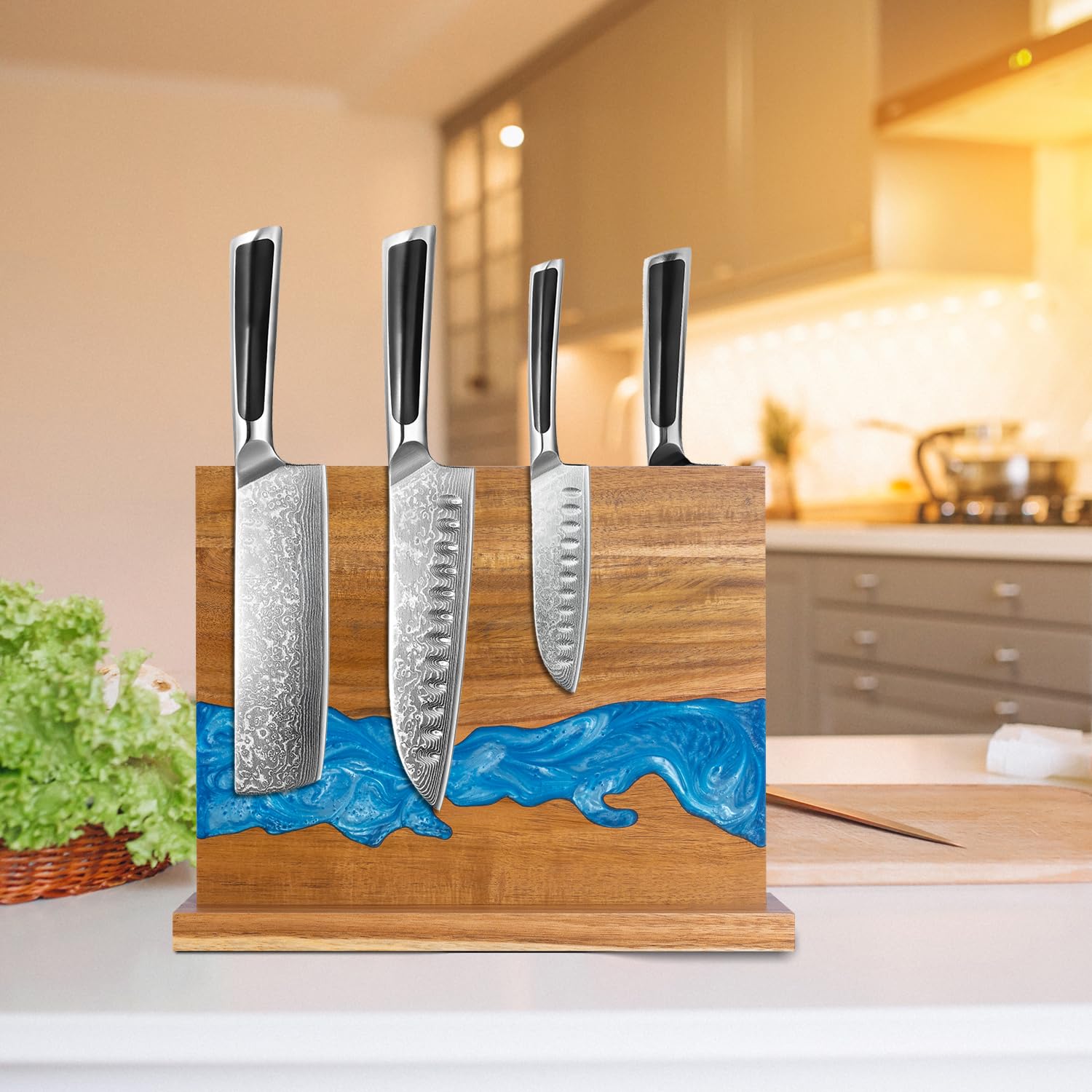 magnetic knife holder - Acacia wood Magnetic Knife Block, Magnetic Knife block stand with double-sided magnetic, blue resin river, 12.59 × 9.84 inches (Without knife) — Amazon image 7