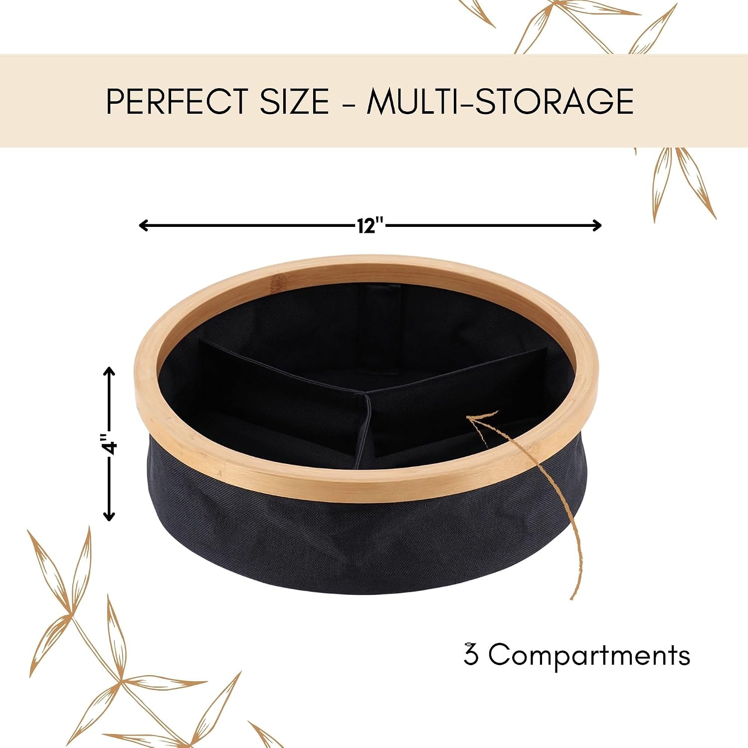 Round Foldable Storage Basket with Bamboo Frame and Black Fabric, 3-Compartment Organizer for Home and Office, Ideal for Bathroom Accessories, 12x12x4 inches, Set of 1