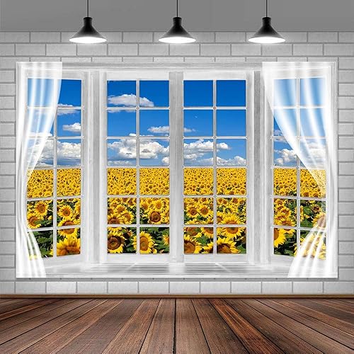 Miniatura 2 de Telón de fondo de campo de girasol, ventana, paisaje, granja, primavera, flores amarillas, cielo azul, fondo de poliéster de 5 x 3 pies para fotos,