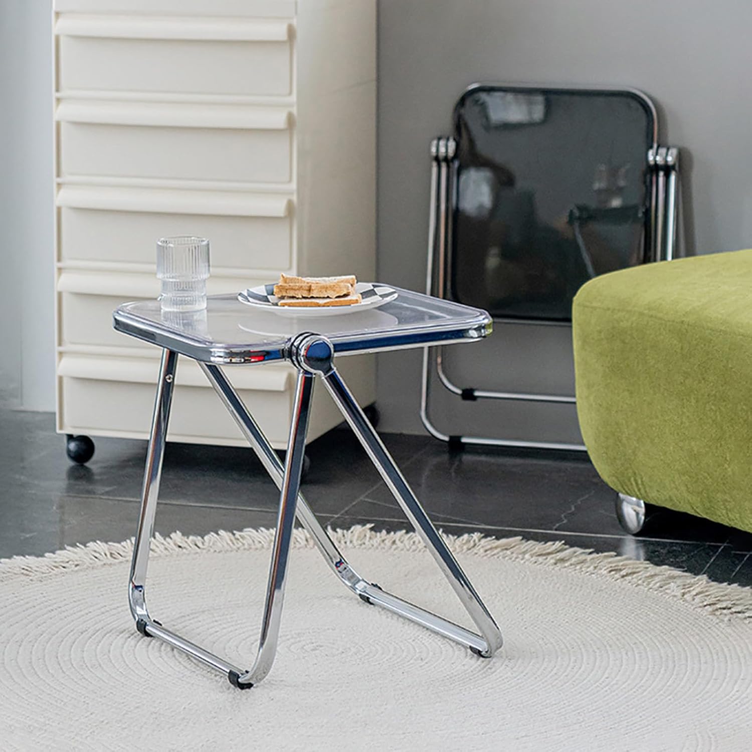 Acrylic Folding Side Table, Clear Acrylic Coffee Table with Stainless Steel Frame, Modern Nightstand with Non-Slip Feet Pads, Small End Table for Living Room Bedroom Home Office Outdoor