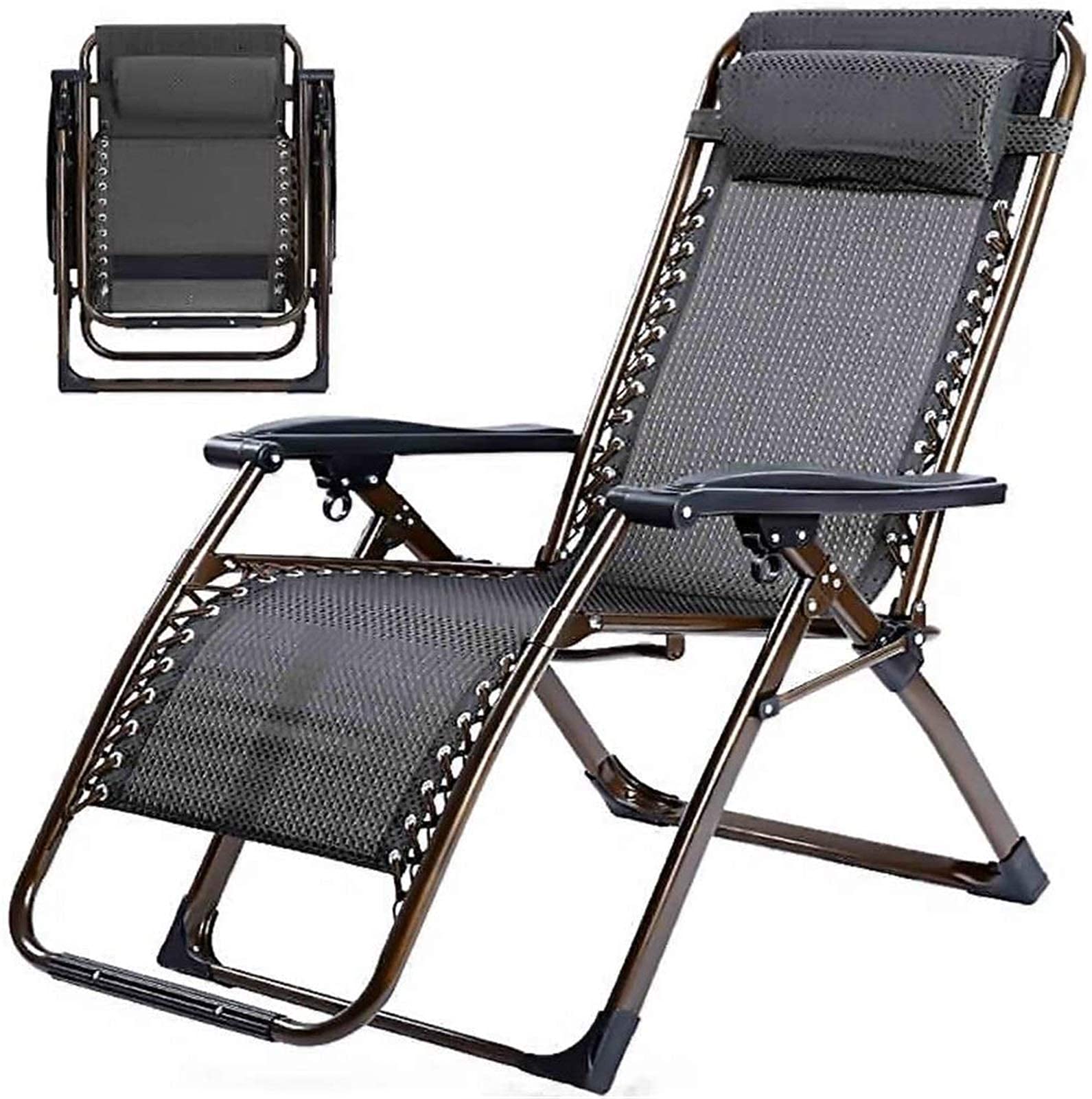 Chaise longue inclinable noire à pieds carrés robustes, transat pliant extérieur en textoline