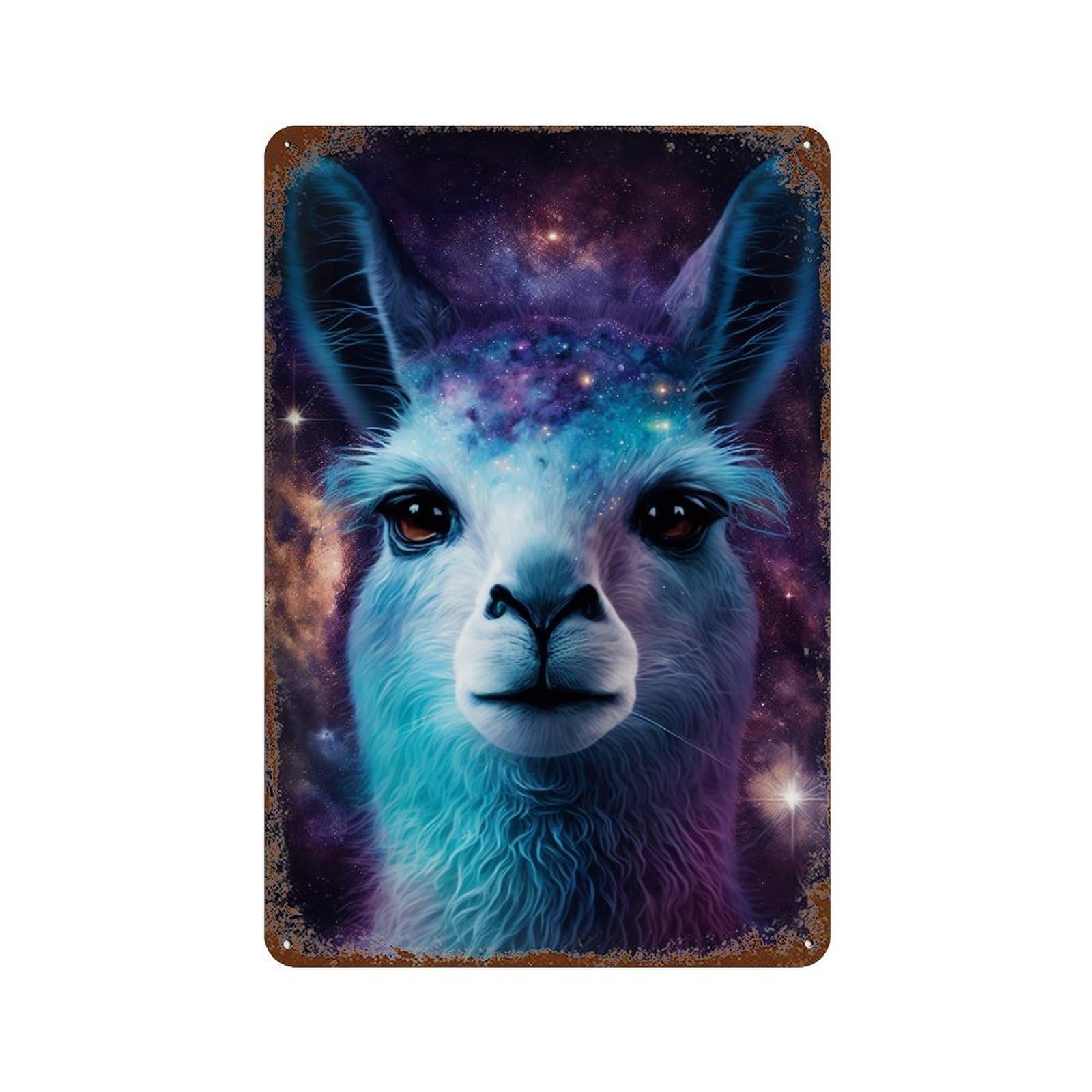 Cosmic Llama Portrait Print Distressed Metal Wall Sign 11.8"x7.9", Shabby Chic Decor for Garage, Pub Or Kitchen