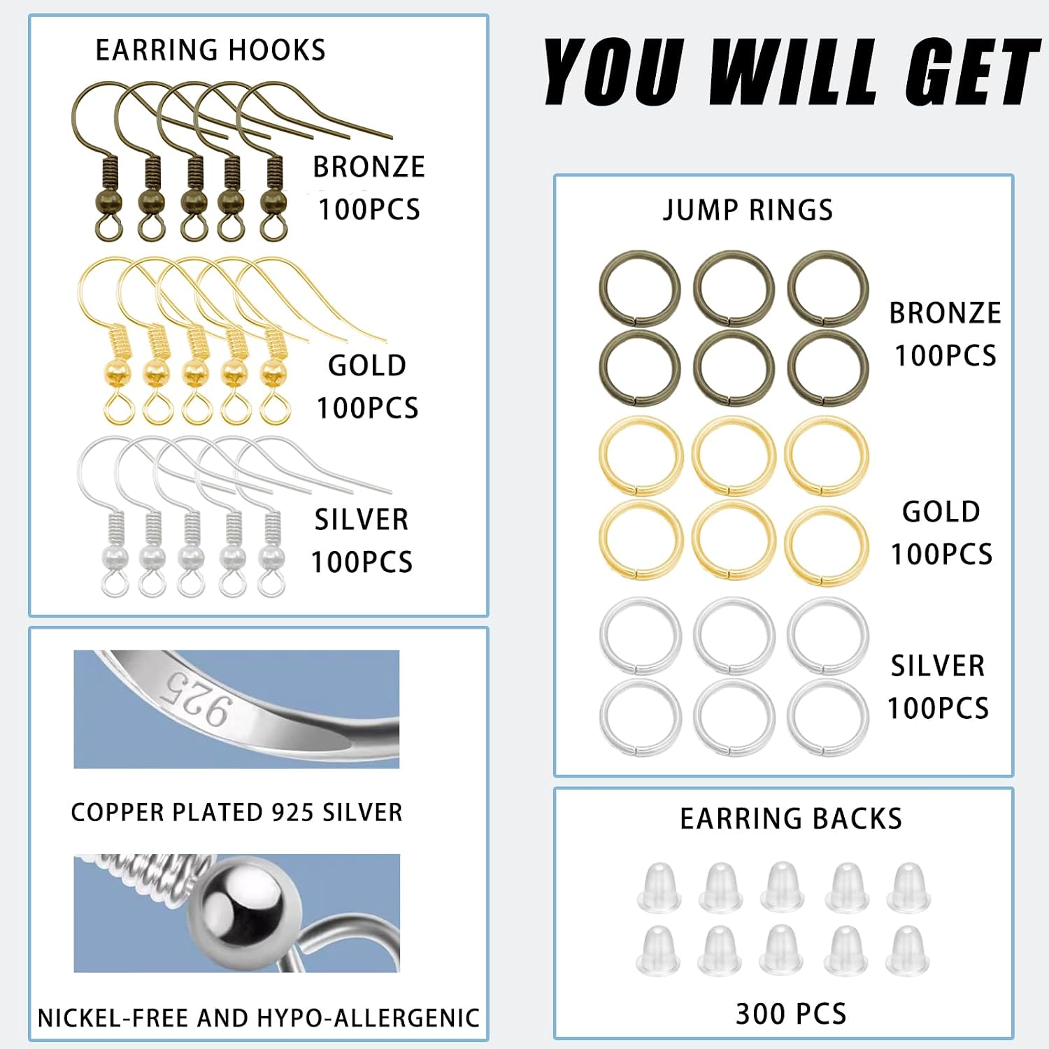 Hypoallergenic Earring Hooks, 900 Pcs Earring Making Supplies | kit jump rings, clear rubber backs, 3 Color: Silver, Gold, Bronze, copper materials, hyaline silicone materials, safe to wea