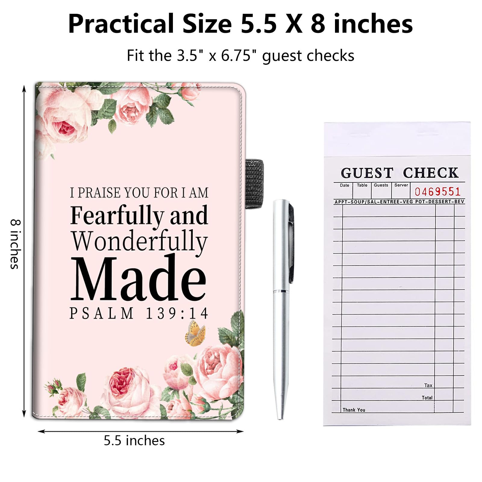 Server Book for Waitress,5.5x8 Inch - Waiter Book with Zipper Pocket,Pen Holder & Cash Compartments,Waterproof PU Leather Guest Check Organizer for Tips,Cards, Receipts,Pink Psalm 139:14