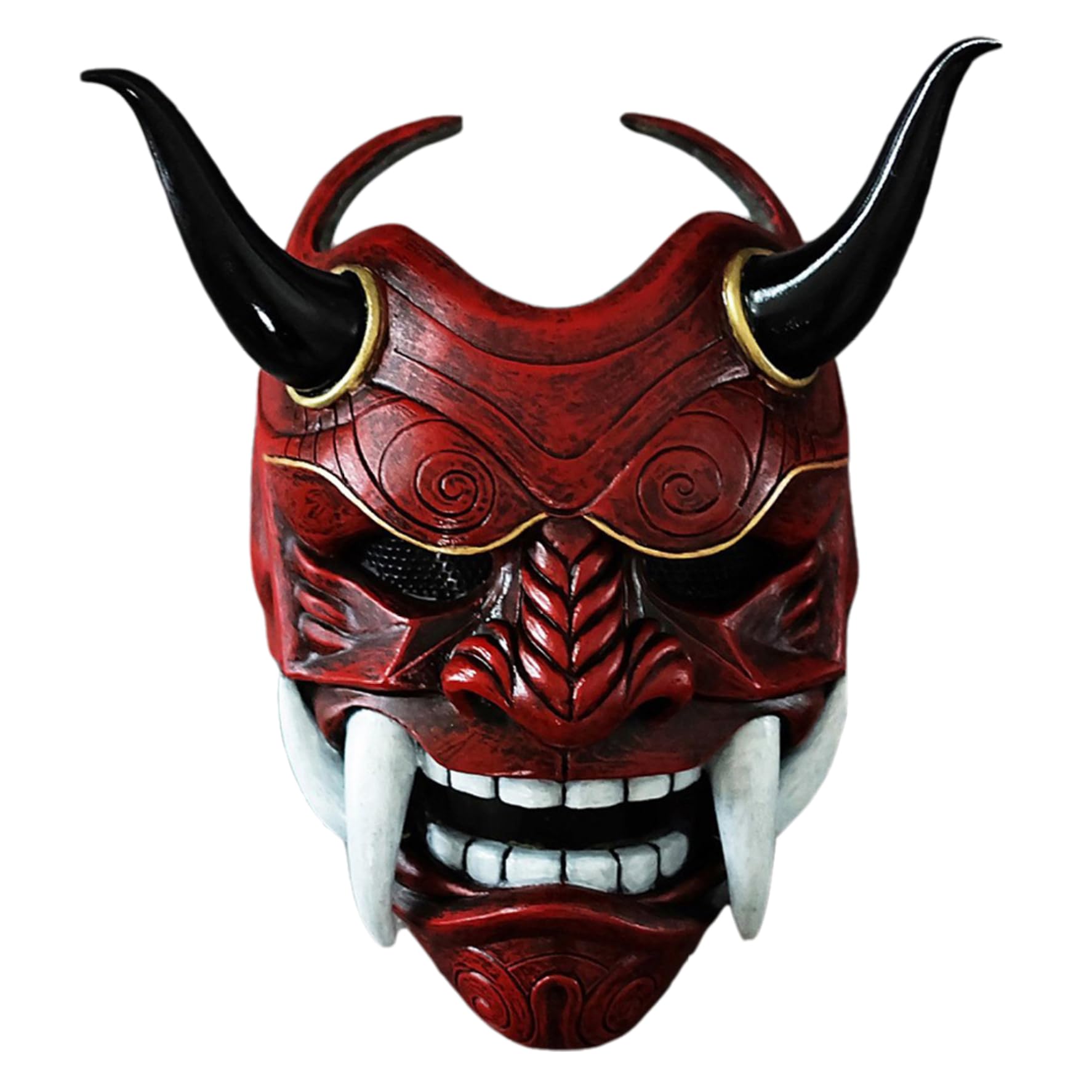 NIDONE Oni Mask, Scary Full Face Latex Japanese Hannya Mask with Fangs and Ox Horn, 11x9.5 Horror Devil Masks for Halloween, Masquerade, Cosplay Props, Red