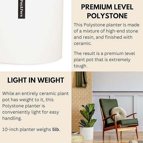Miniatura 4 de Fox & Fern Maceta de 10 pulgadas con tapón de drenaje, maceta blanca mate de Polystone de alta calidad maceta de interior y exterior macetas de 10