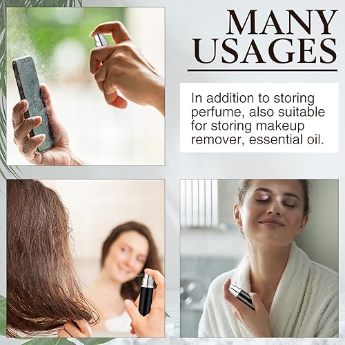 Miniatura 7 de Atomizador de perfume recargable negro brillante, mini botella de spray de 0.2 fl oz con 10 bombas dispensadoras, estuche para botella de perfume de