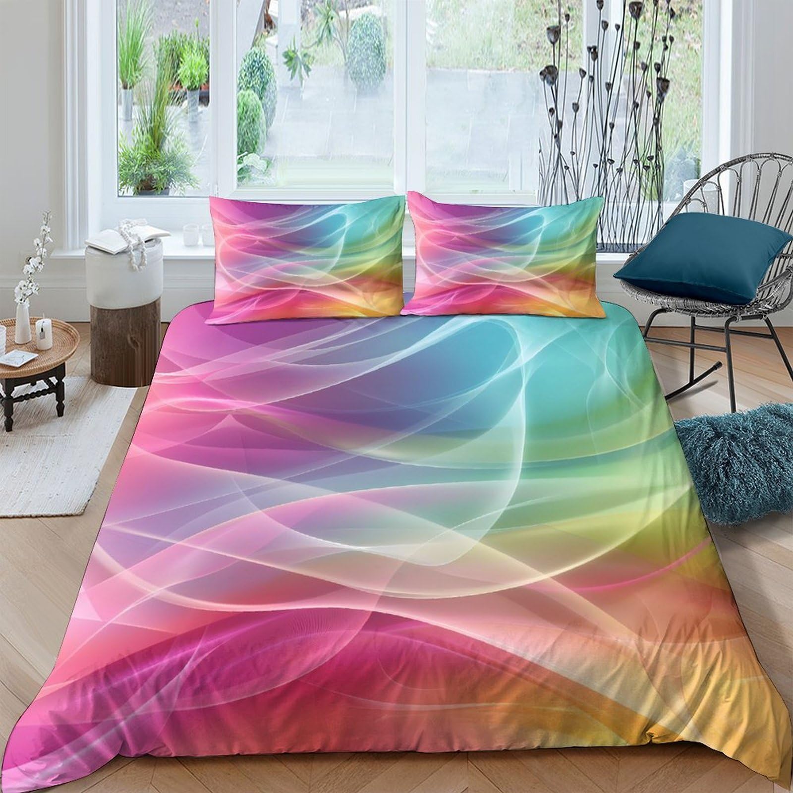 Ctjqhvkz Style-7 3D Printed Rainbow Wave Fitted Sheet Microfiber Colourful Swirl Bed Sheet Anti-Slip Easy Care For Bedroom Guest Room Decor Single（135X200cm）