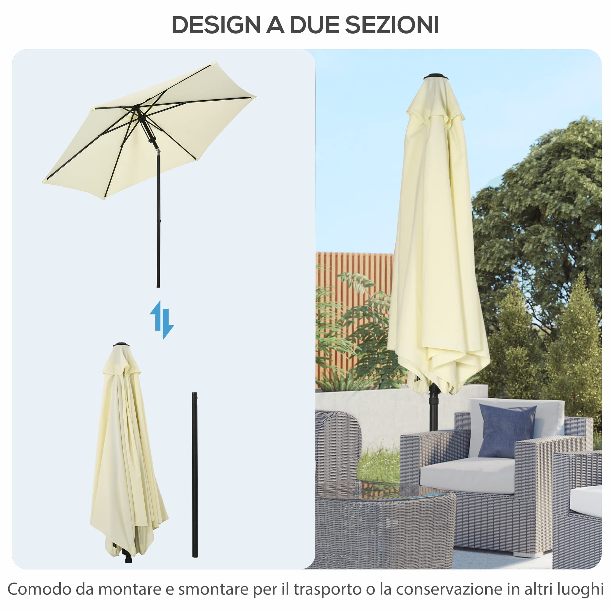 Outsunny Ombrellone da Giardino con Tettuccio 45° 2.7x2.5 m Beige e Nero | Poliestere e Metallo, 6 Stecche