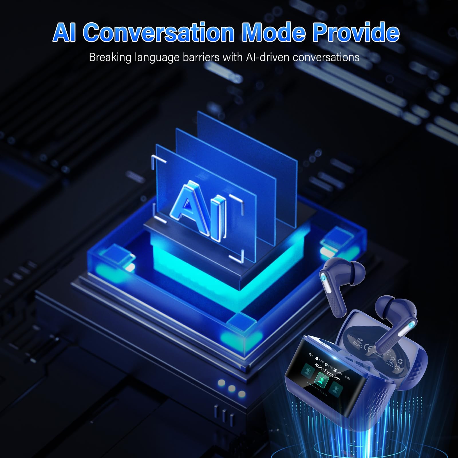 AI Auriculares Traductor en Tiempo Real con Pantalla Táctil LED, 3 en 1 Auriculares Traductores de Idiomas, 6 Modos Traducción con 164 Idiomas, Reducción de Ruido ANC+ENC, 5 Modos EQ, 48H, Bleu