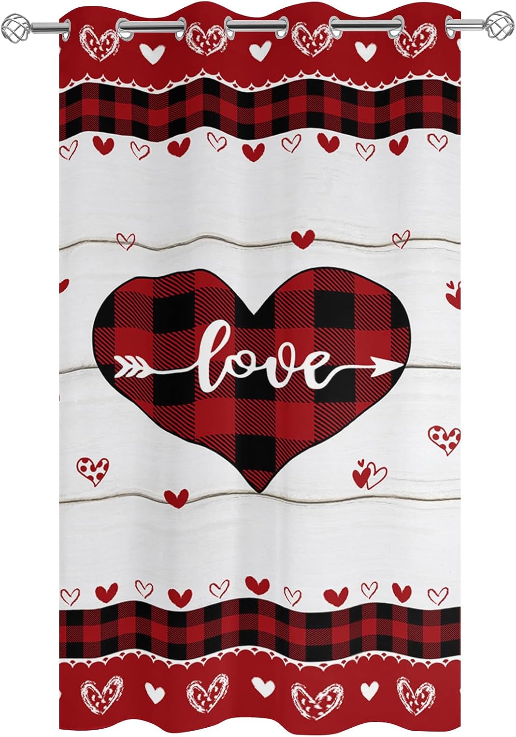 1 Panel Waterproof Outdoor Curtains 84 inches Long for Patio Happy Valentine's Day Plaid Love Heart Wood Grain Indoor Outdoor Privacy Curtain Light Filter Grommet Drapes for Porch Cabana Pergola